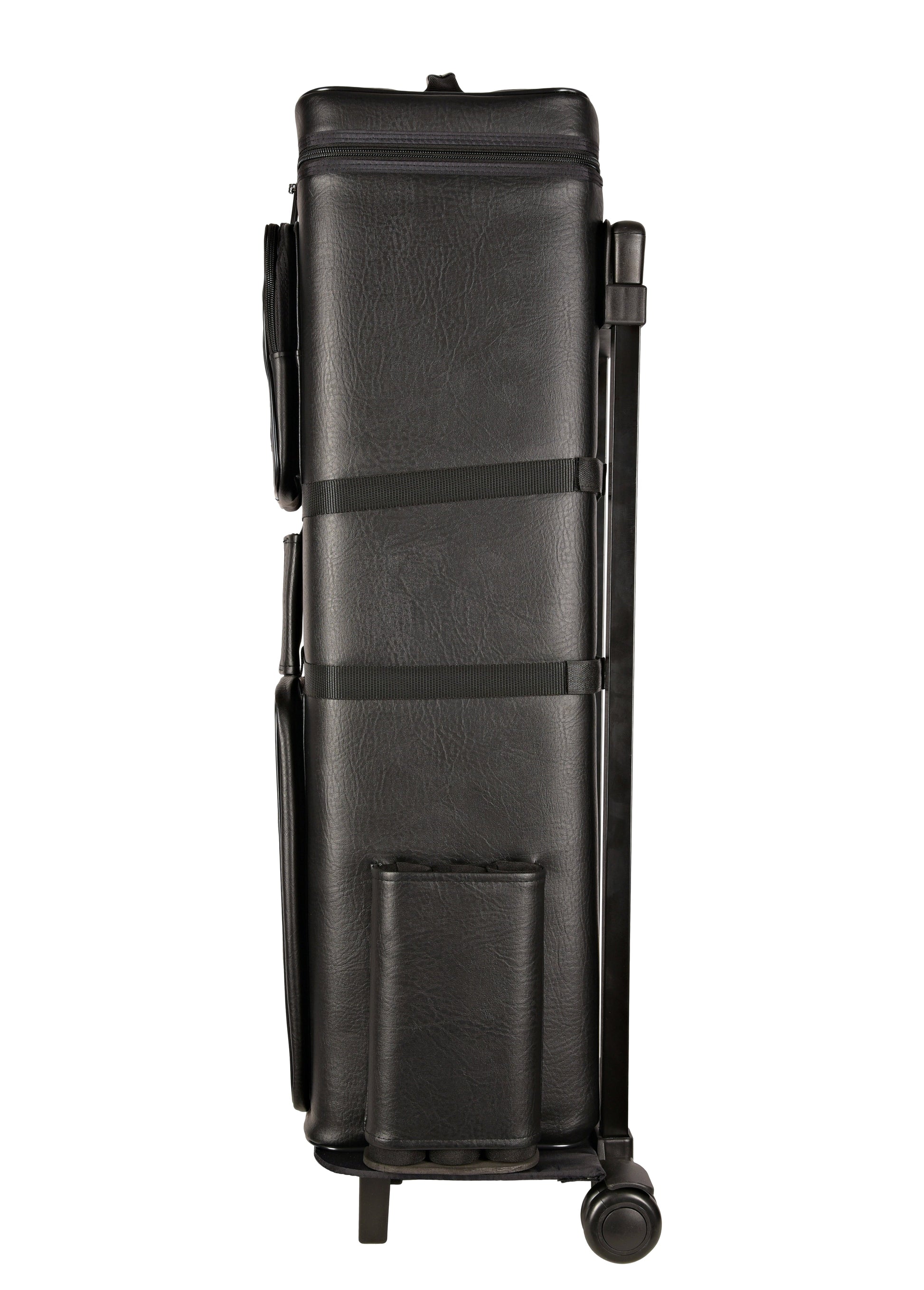 Side view of cue case highlighting zippered pocket details