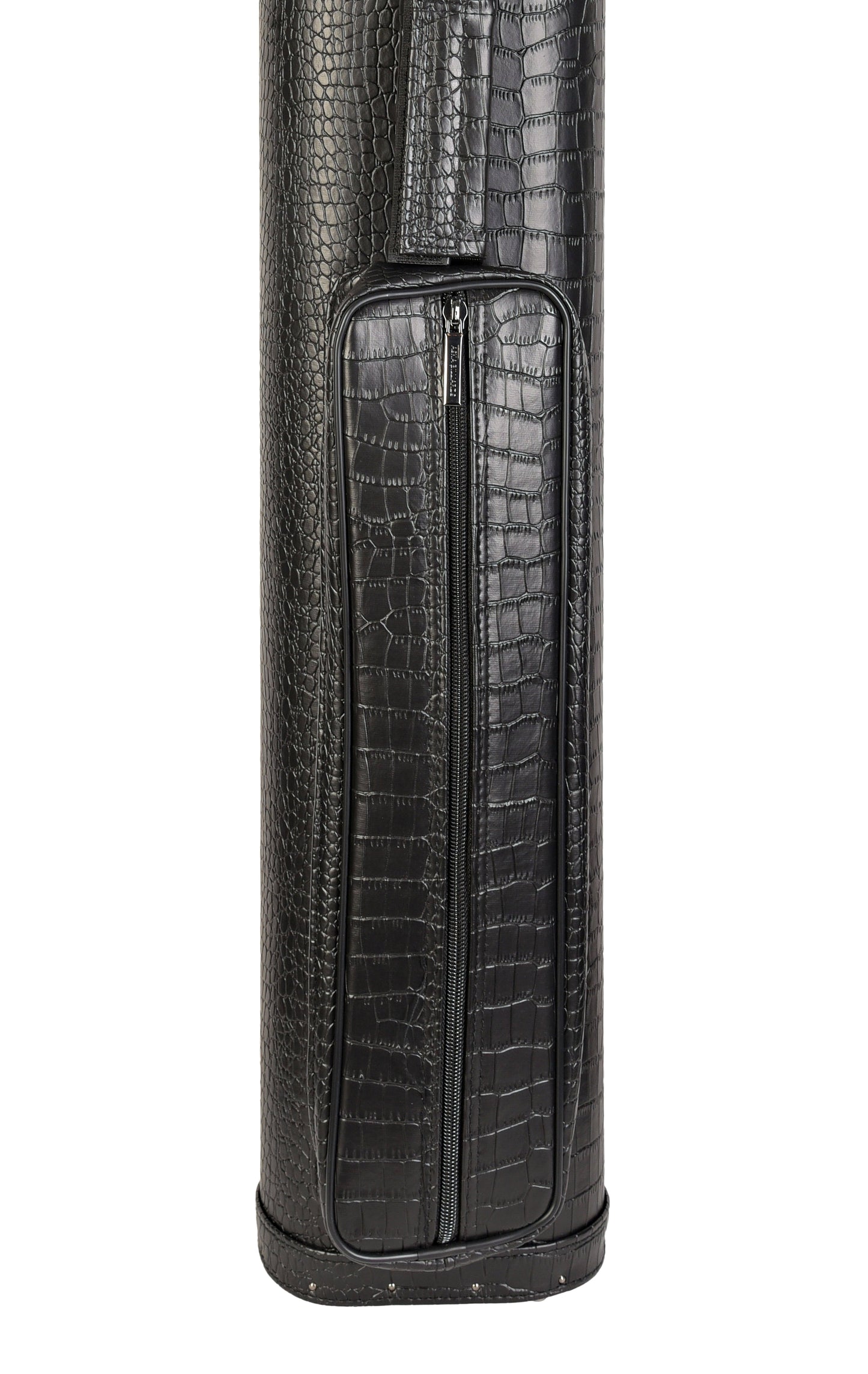 Close-up of zippered pocket on black billiard cue case