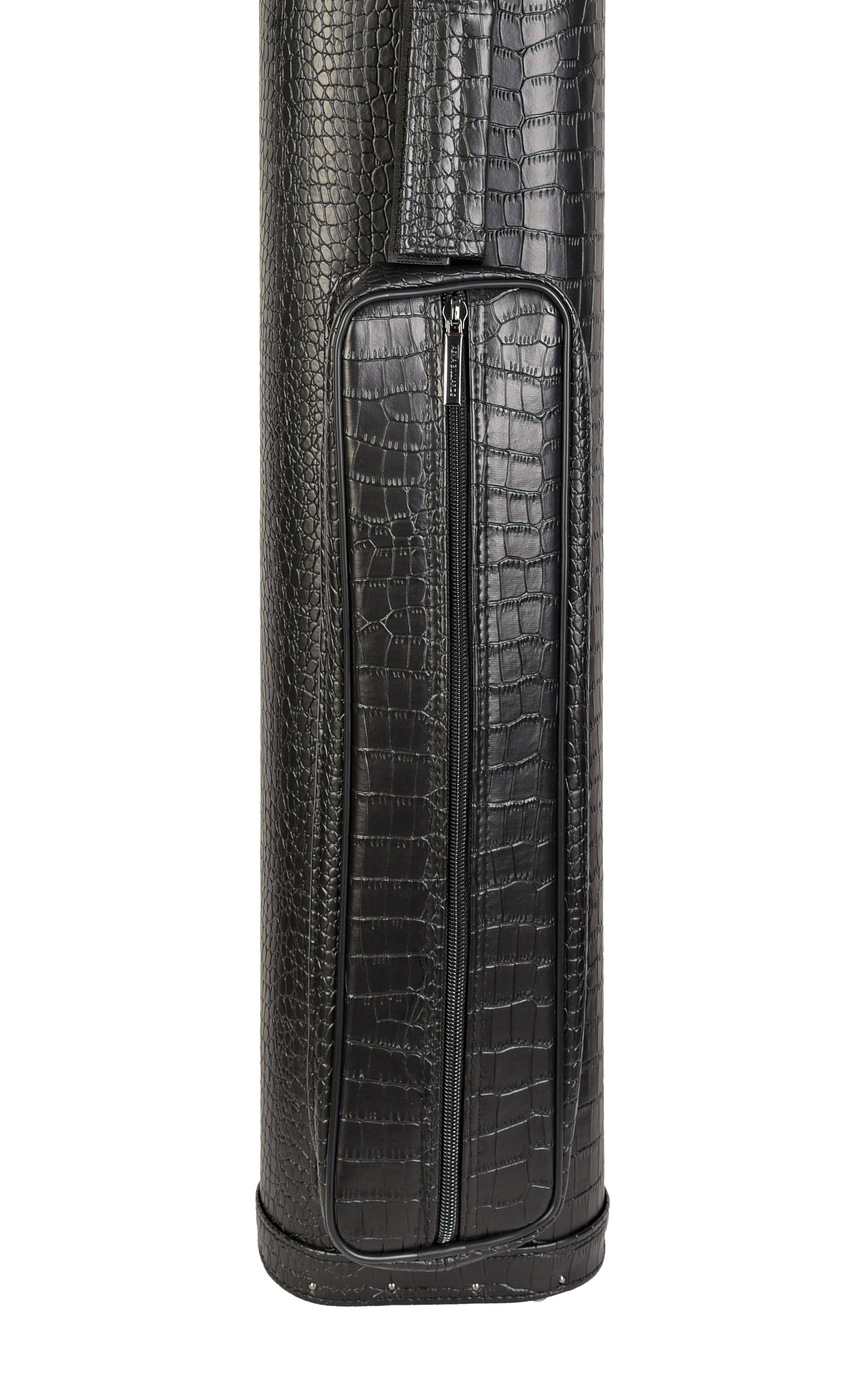 Close-up of zippered pocket on black billiard cue case