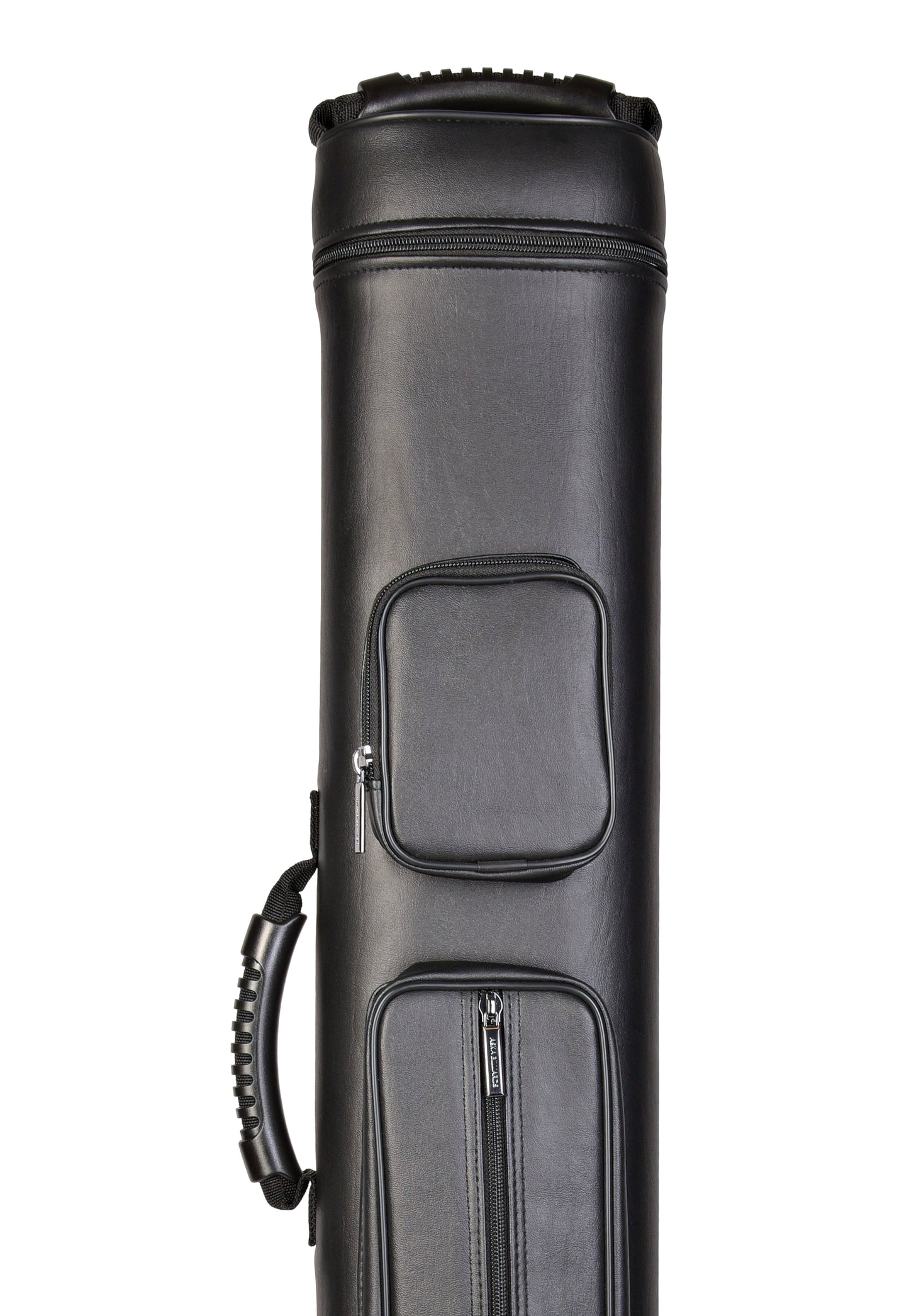 Close-up of the black cue case featuring zippered storage pockets.