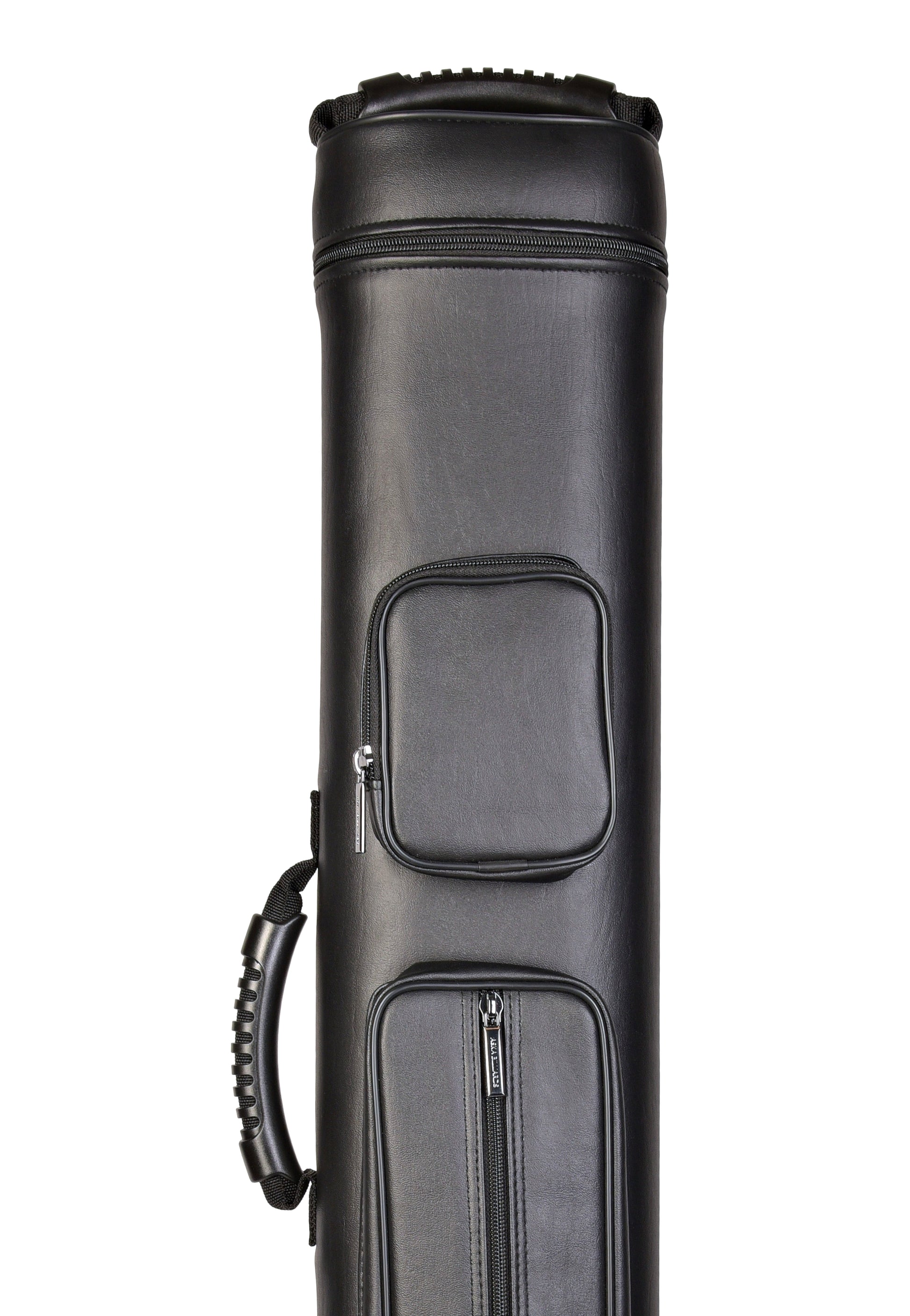 Close-up of the black cue case featuring zippered storage pockets.
