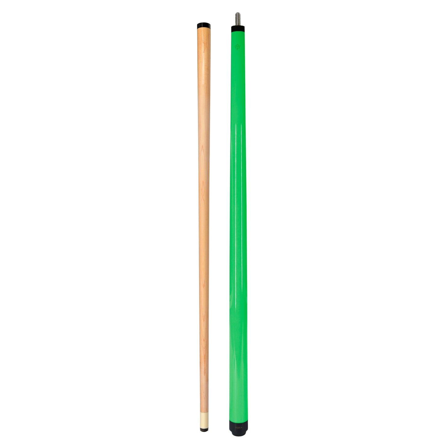 Separated pool cue butt and shaft shown side-by-side in full view.
