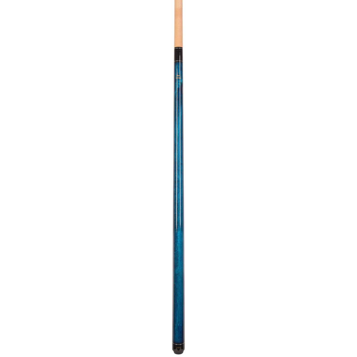 Close-up profile view of the blue pool cue shaft.