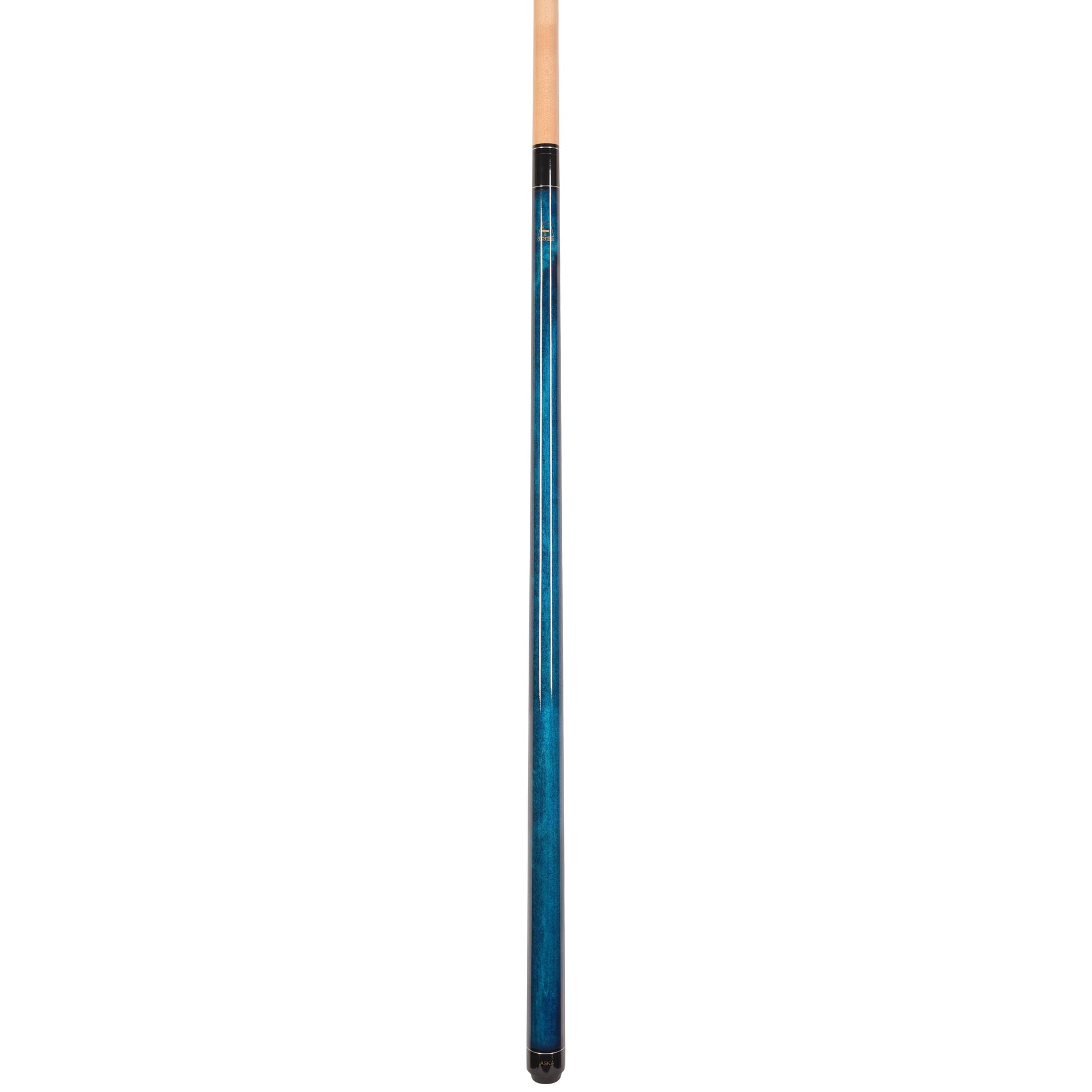 Close-up profile view of the blue pool cue shaft.