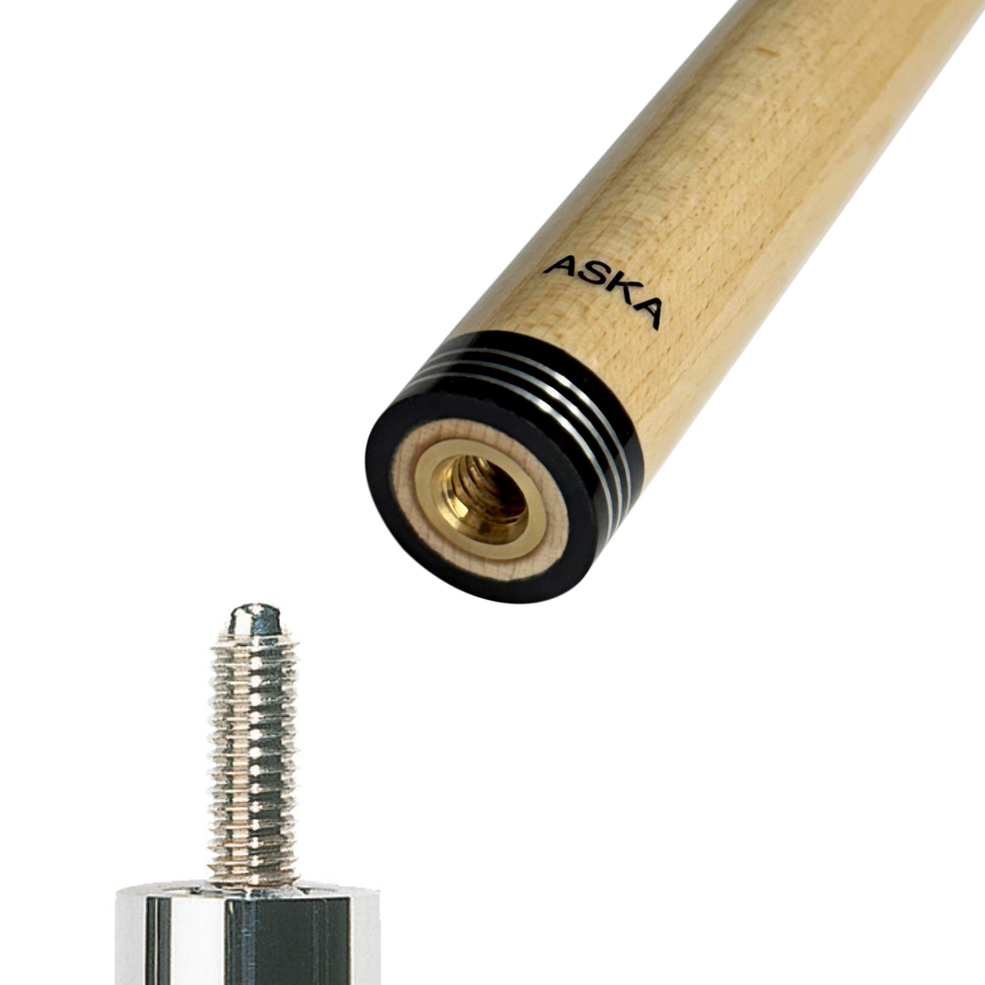 Close-up of a cue shaft connection showing the threaded pin and insert.