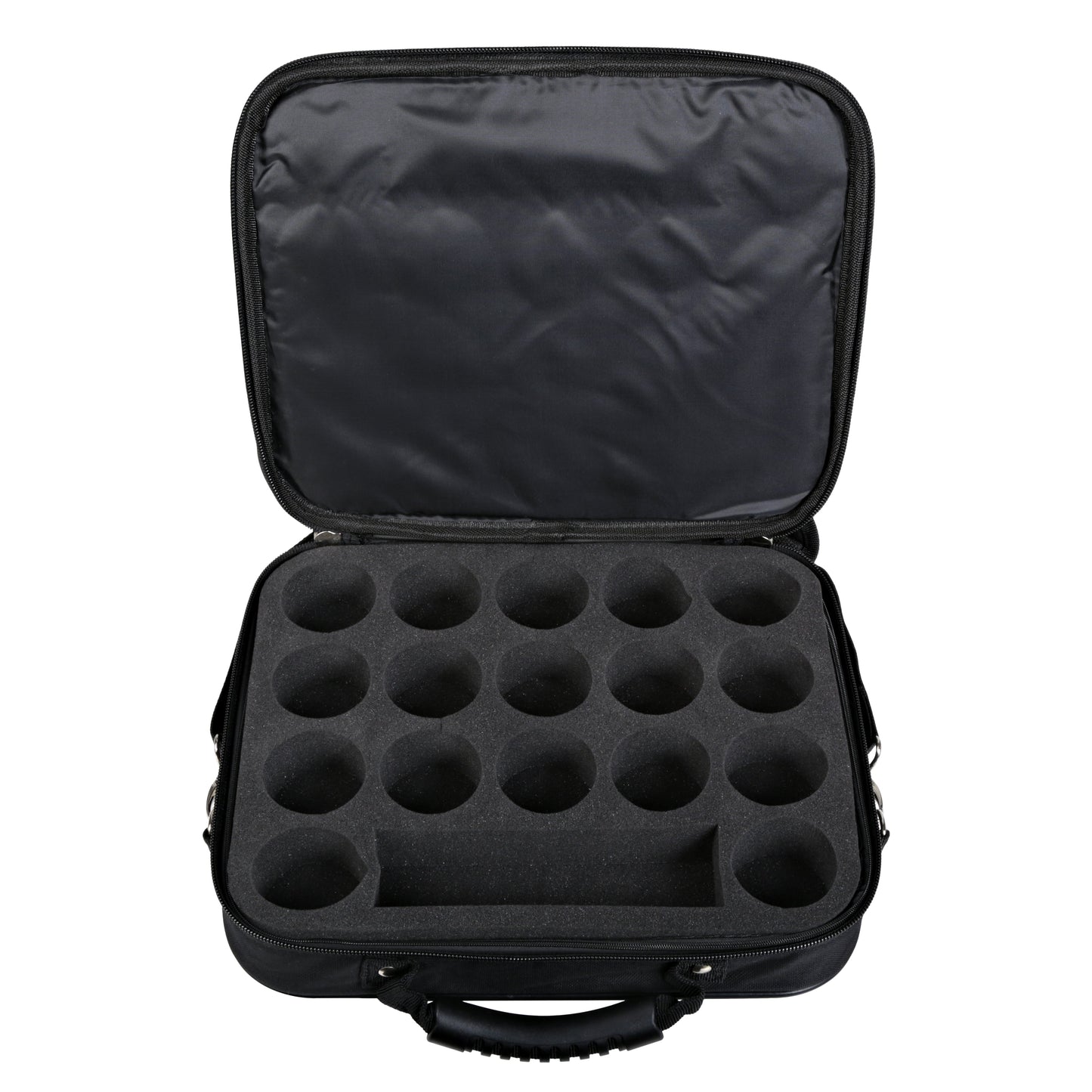 Opened pool ball case revealing foam insert with 19 ball compartments.
