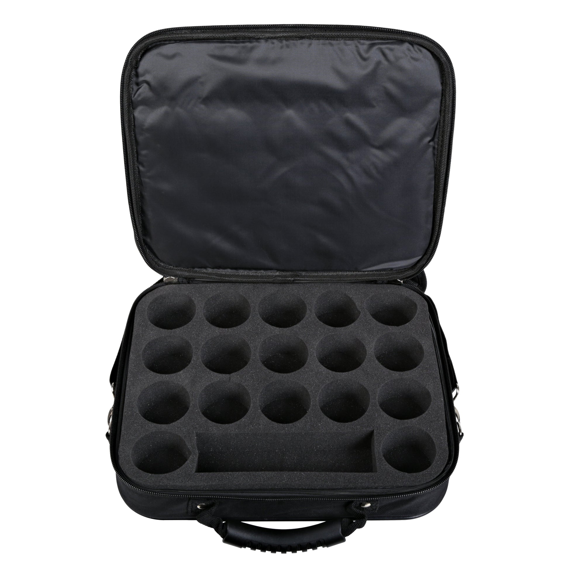 Opened pool ball case revealing foam insert with 19 ball compartments.