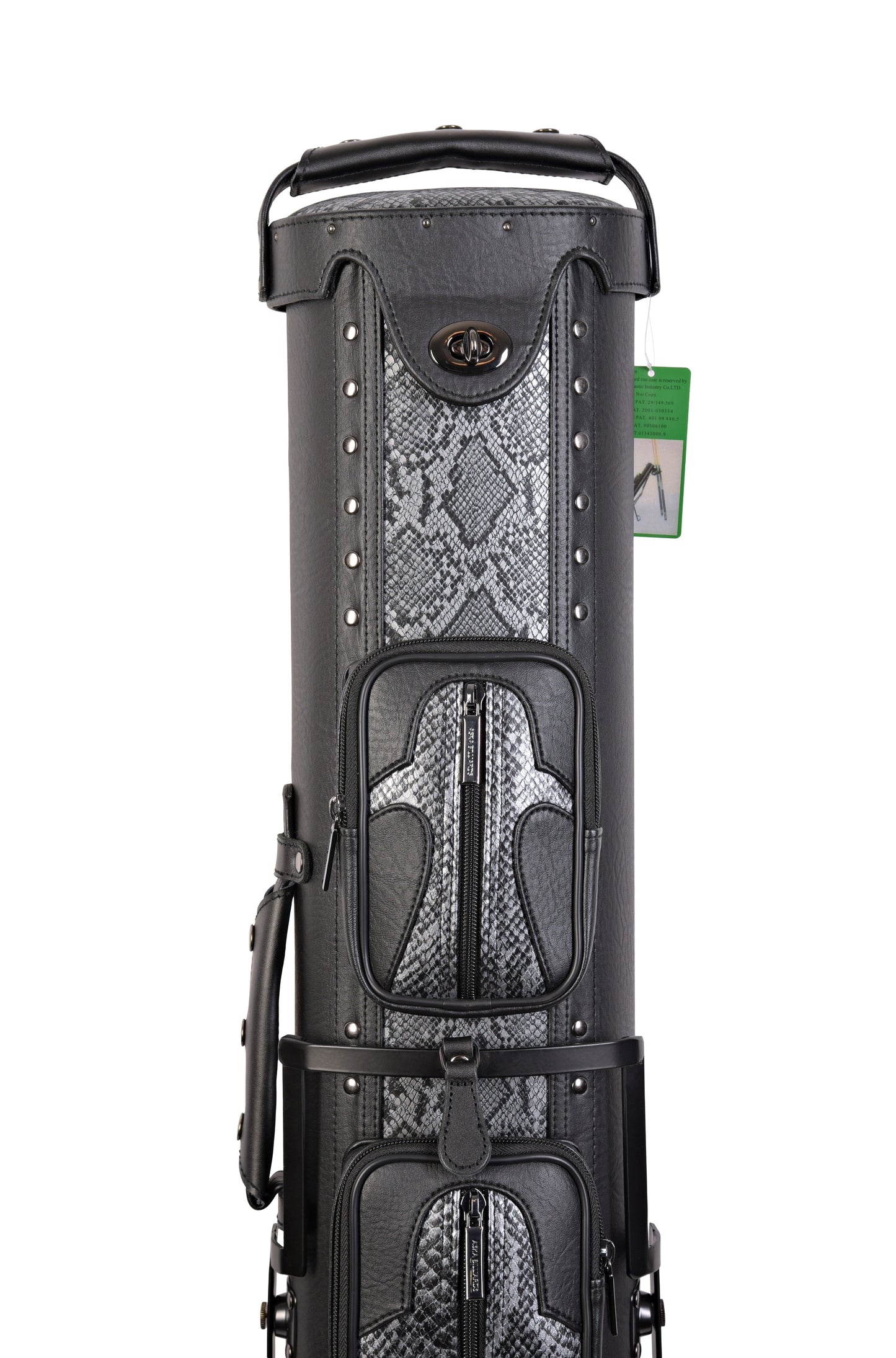 Close-up of the top section of the snake design pool cue case