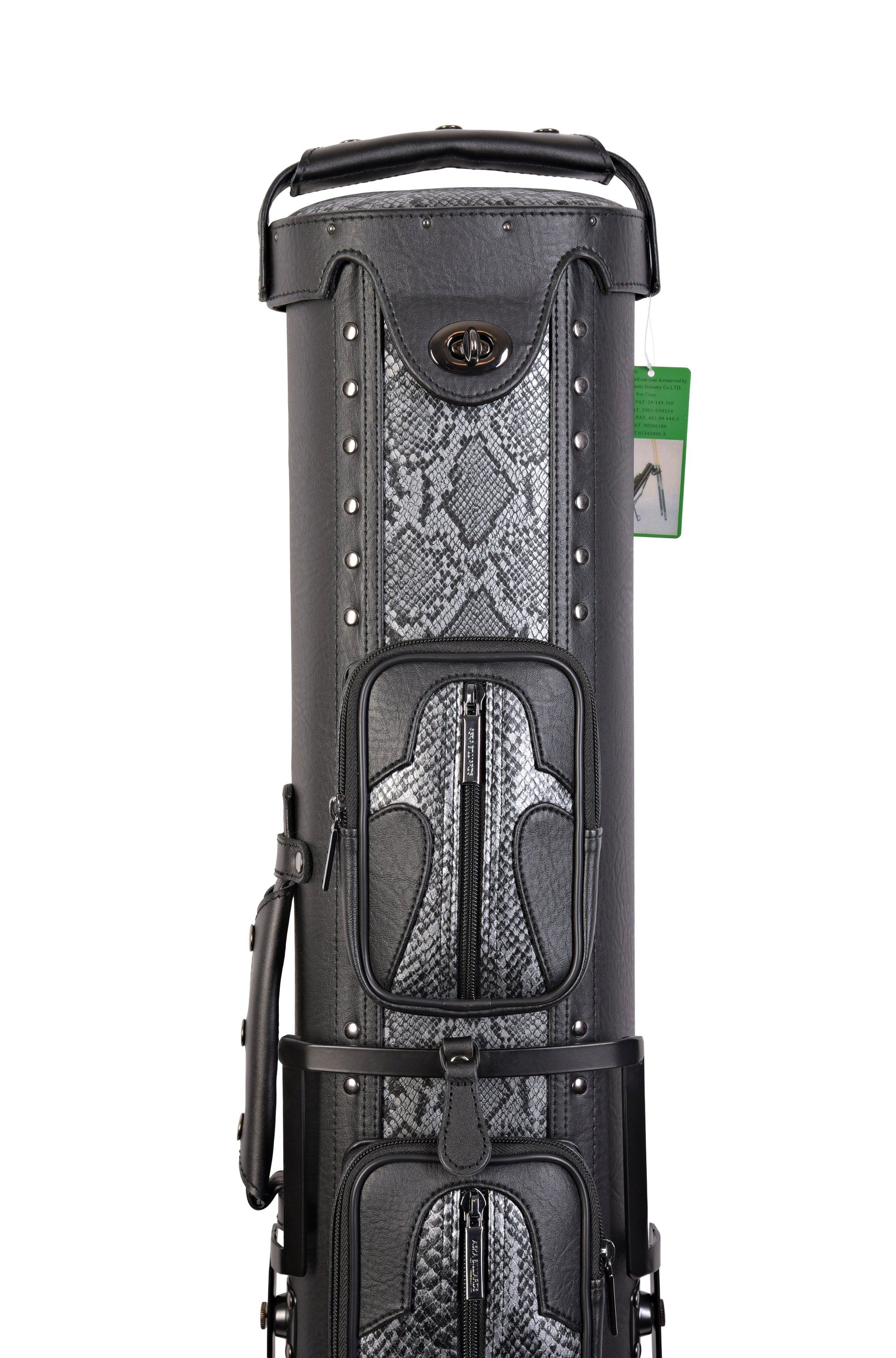 Close-up of the top section of the snake design pool cue case