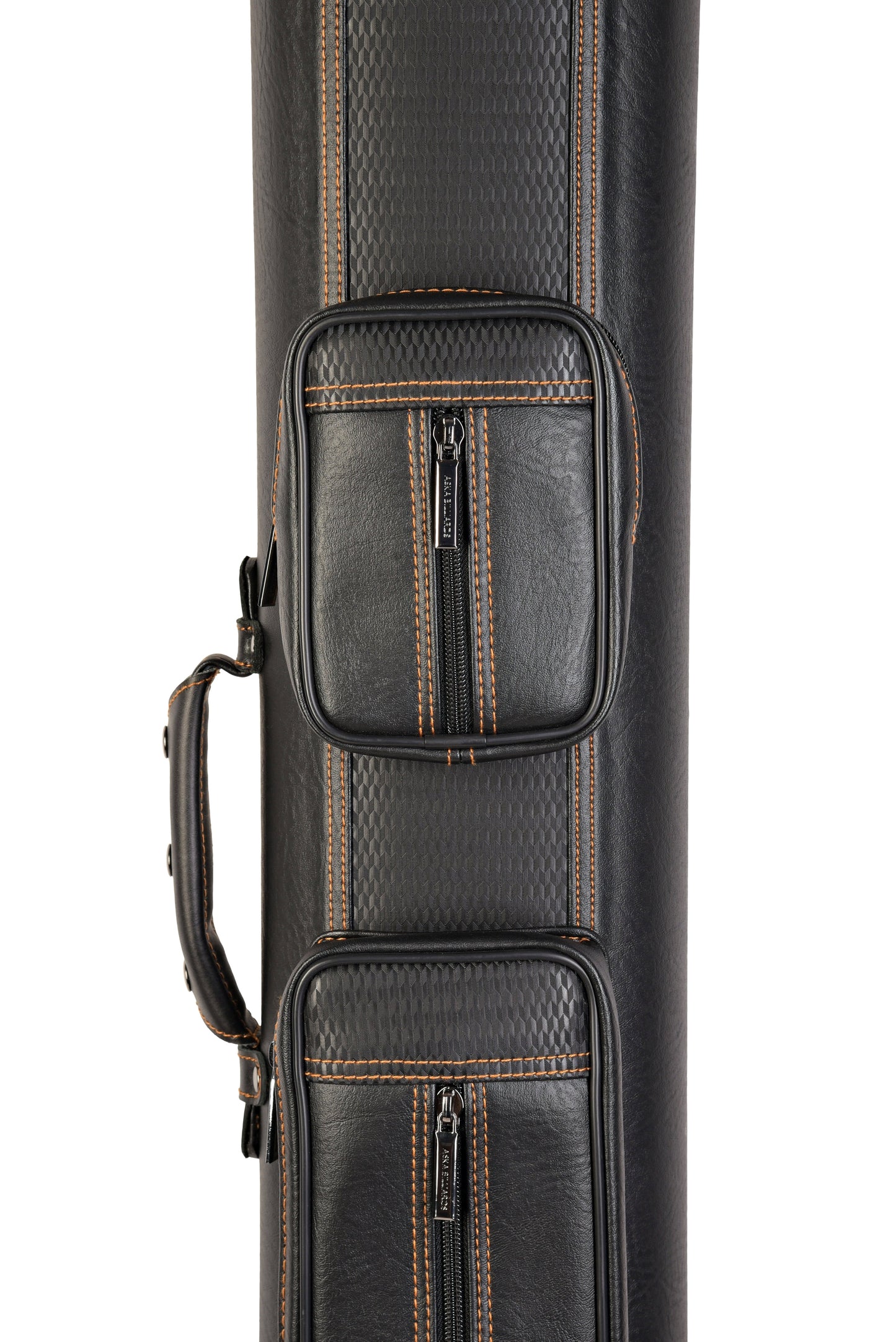 Close-up of zippered pockets and handle on black pool cue case