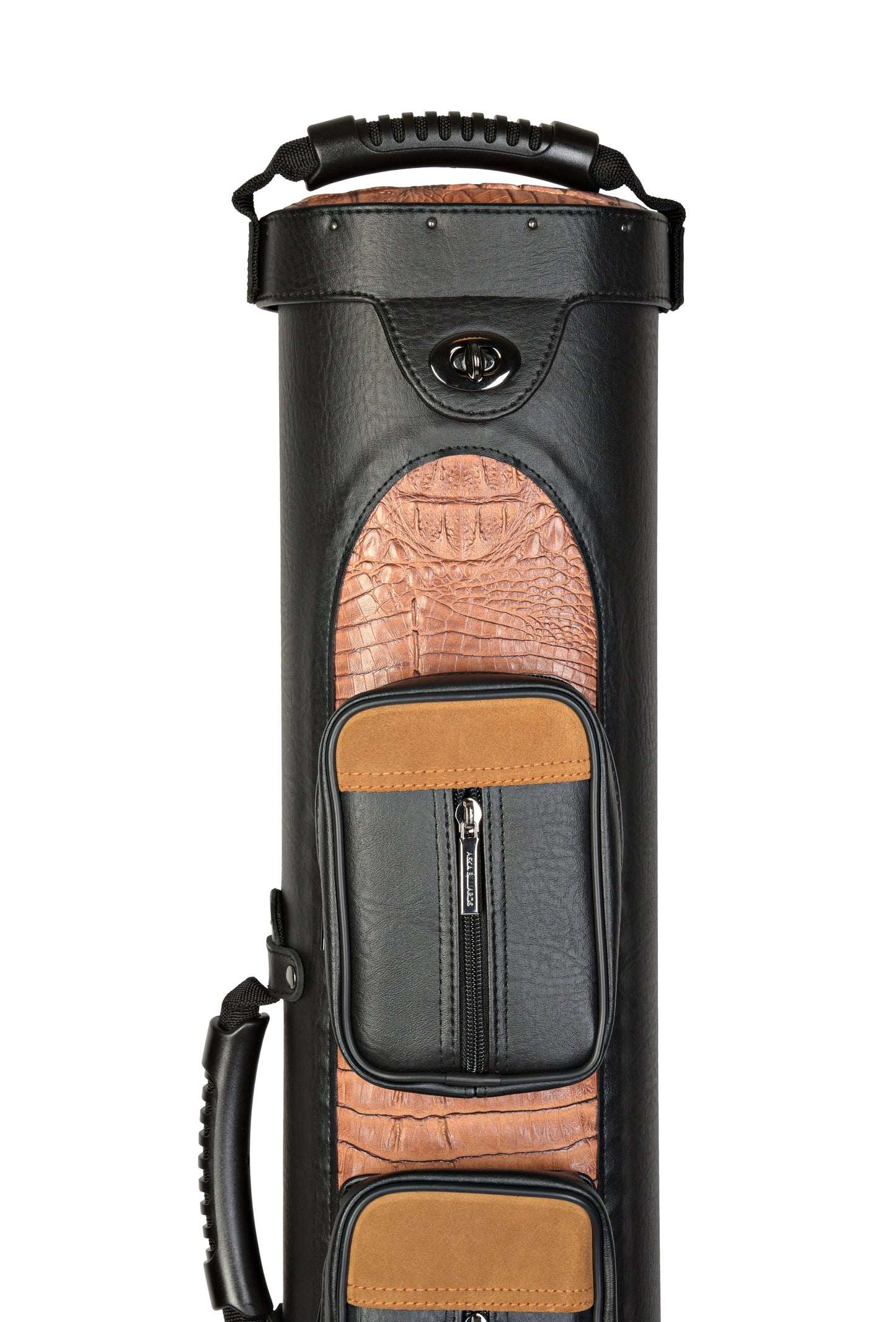Close-up of the top portion of the pool cue case exterior.