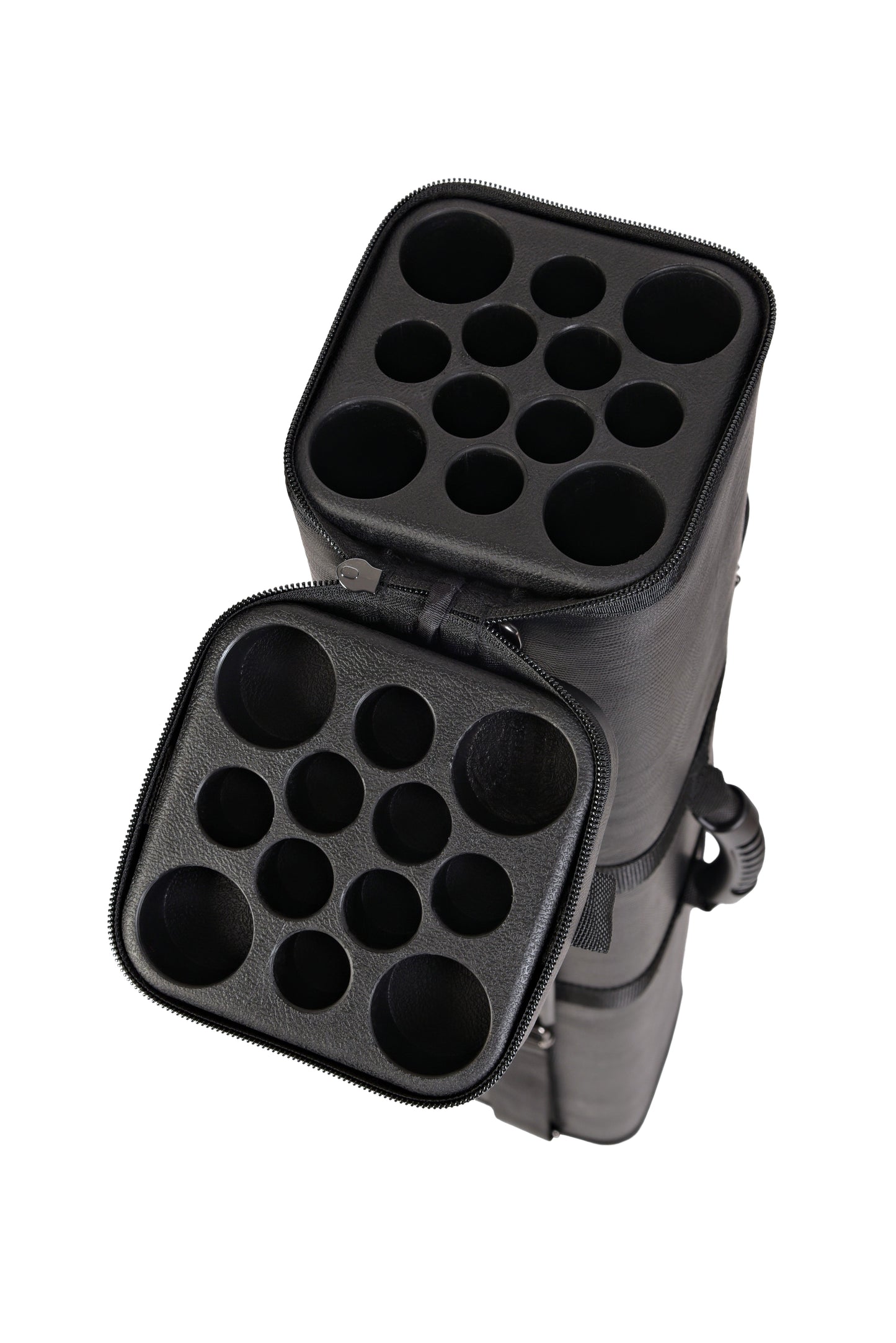 Open cue case interior with compartments for butts and shafts