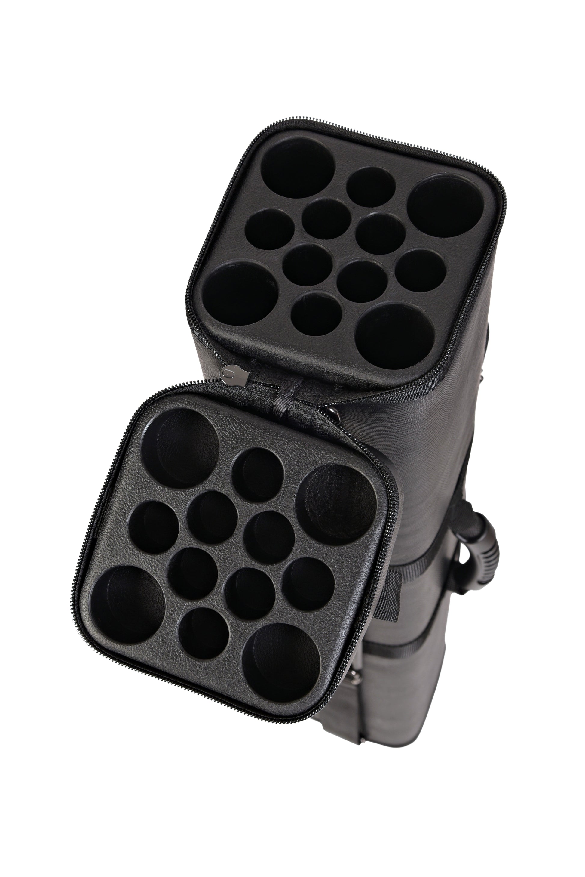 Open cue case interior with compartments for butts and shafts