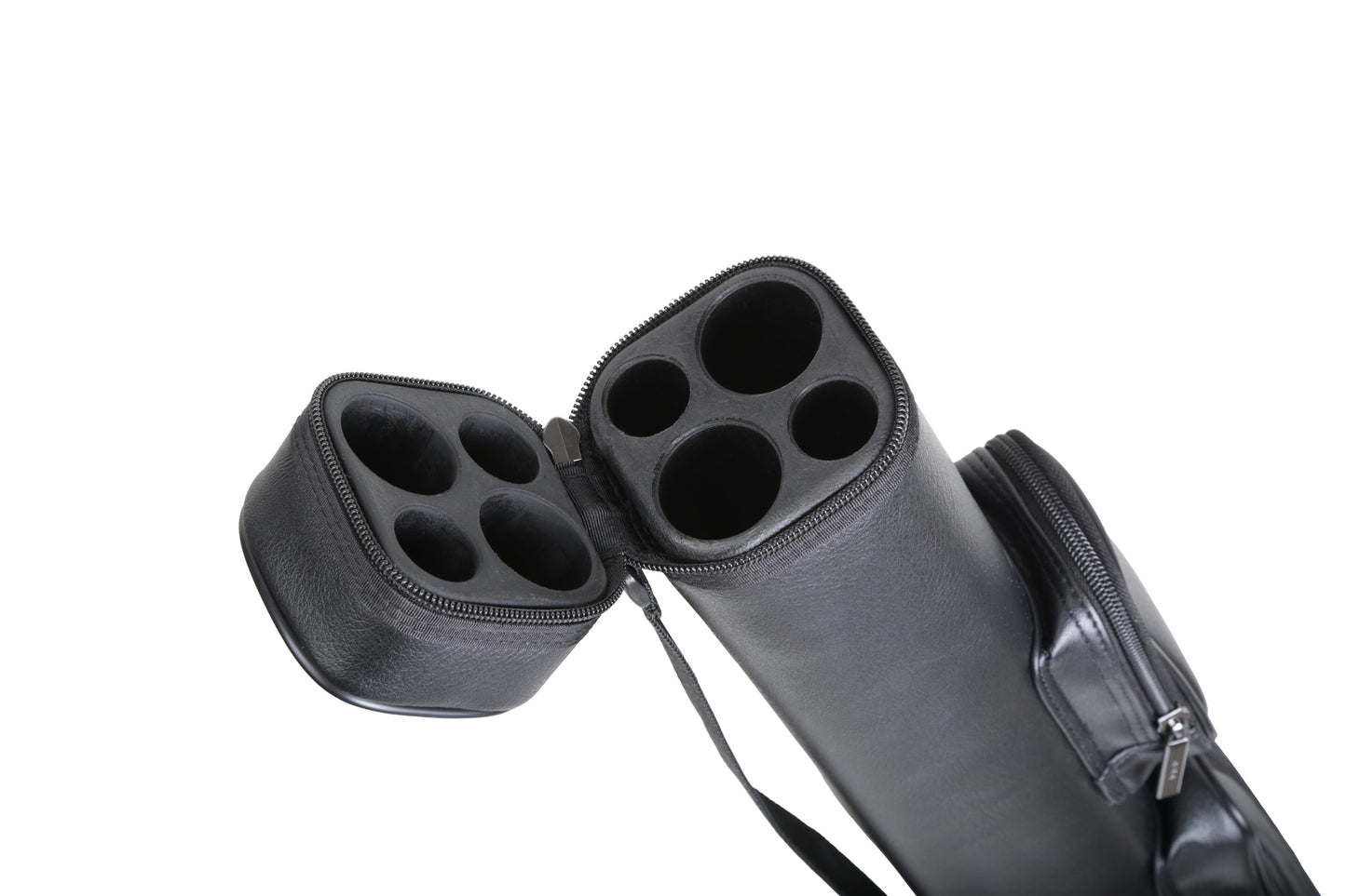 Interior view of the open billiard cue case showing four compartments.