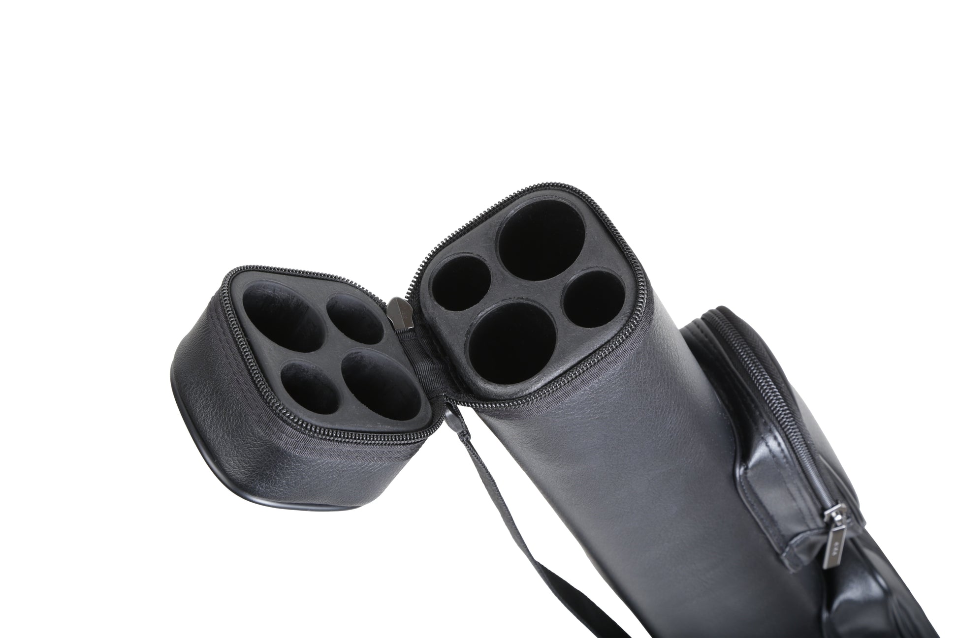 Interior view of the open billiard cue case showing four compartments.
