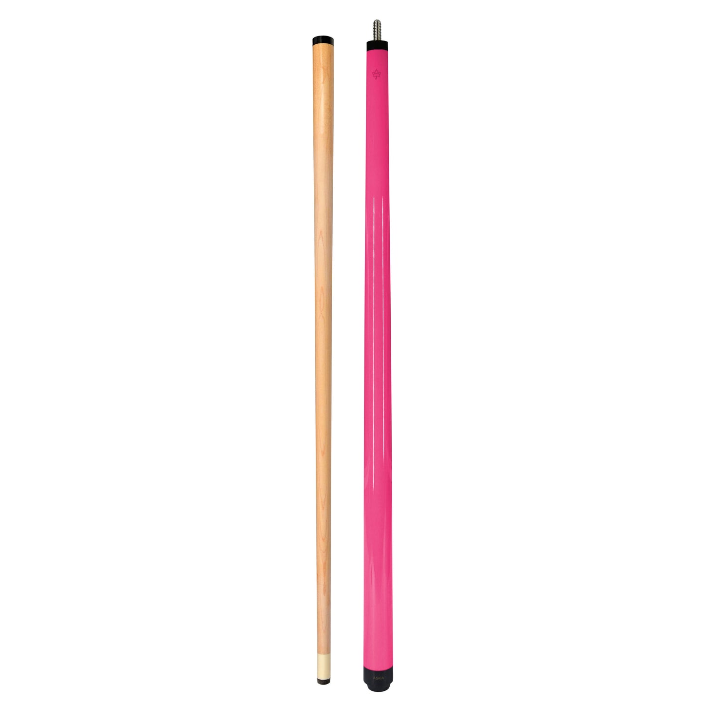 Cue stick and pink butt section shown together with measurements.