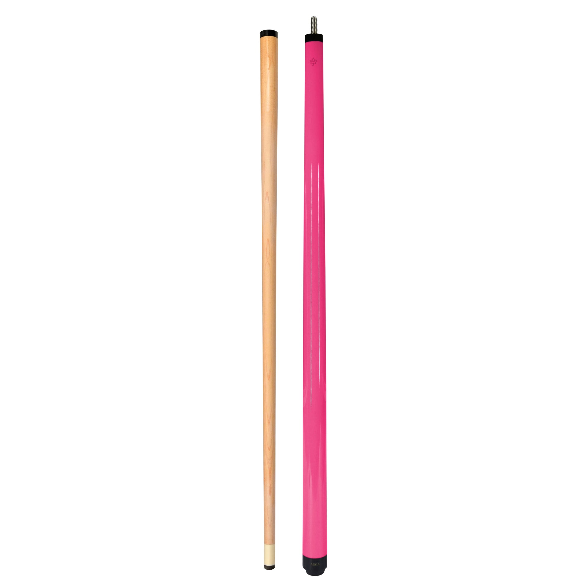 Cue stick and pink butt section shown together with measurements.