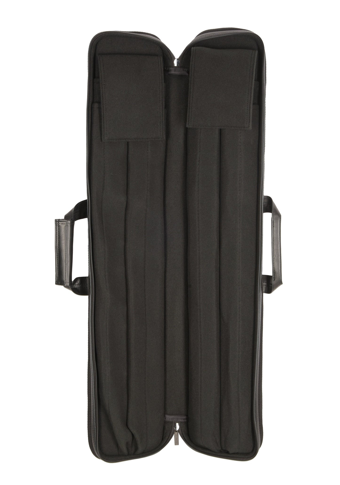 Open interior of the pool cue case showing dividers and straps.