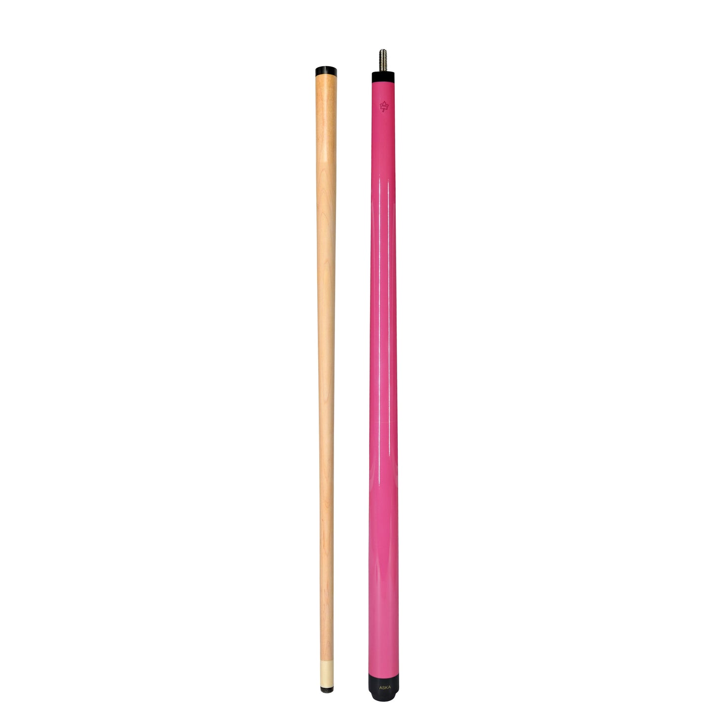 Two-piece pink pool cue shown separated with shaft laid beside butt.