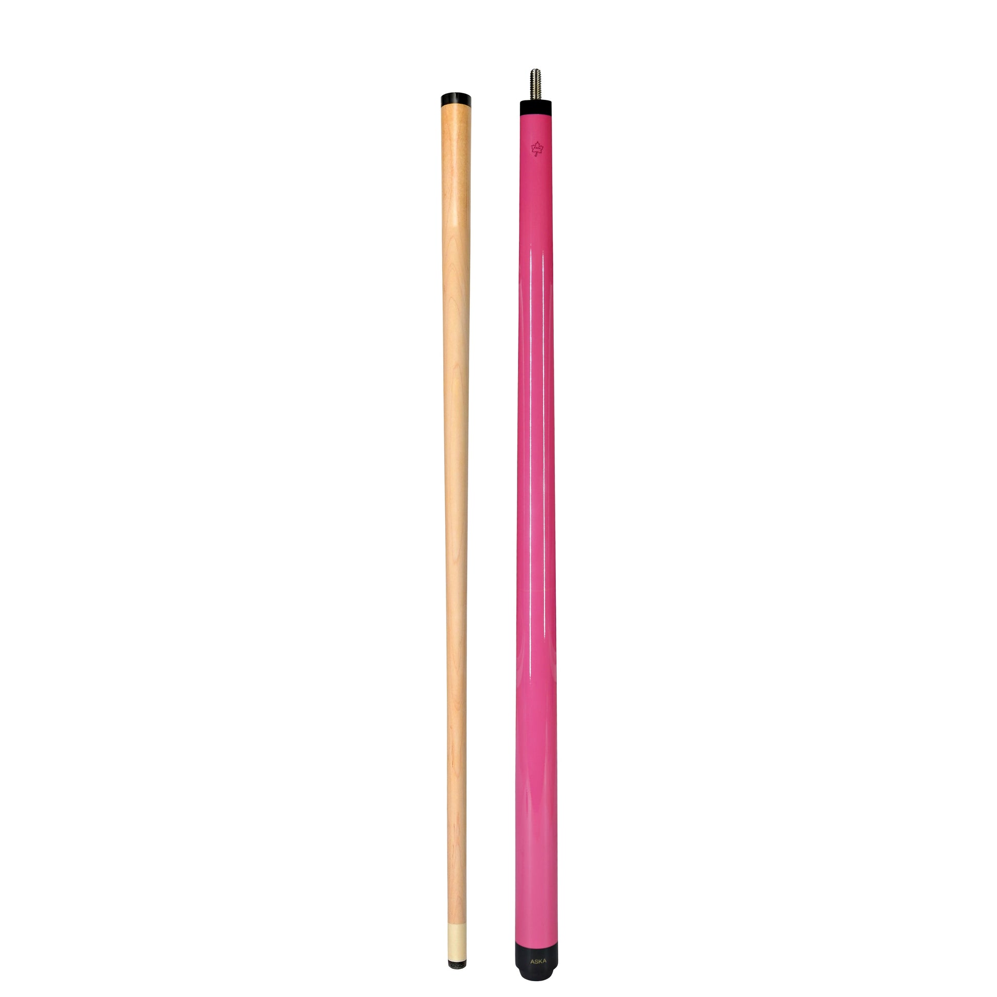Two-piece pink pool cue shown separated with shaft laid beside butt.