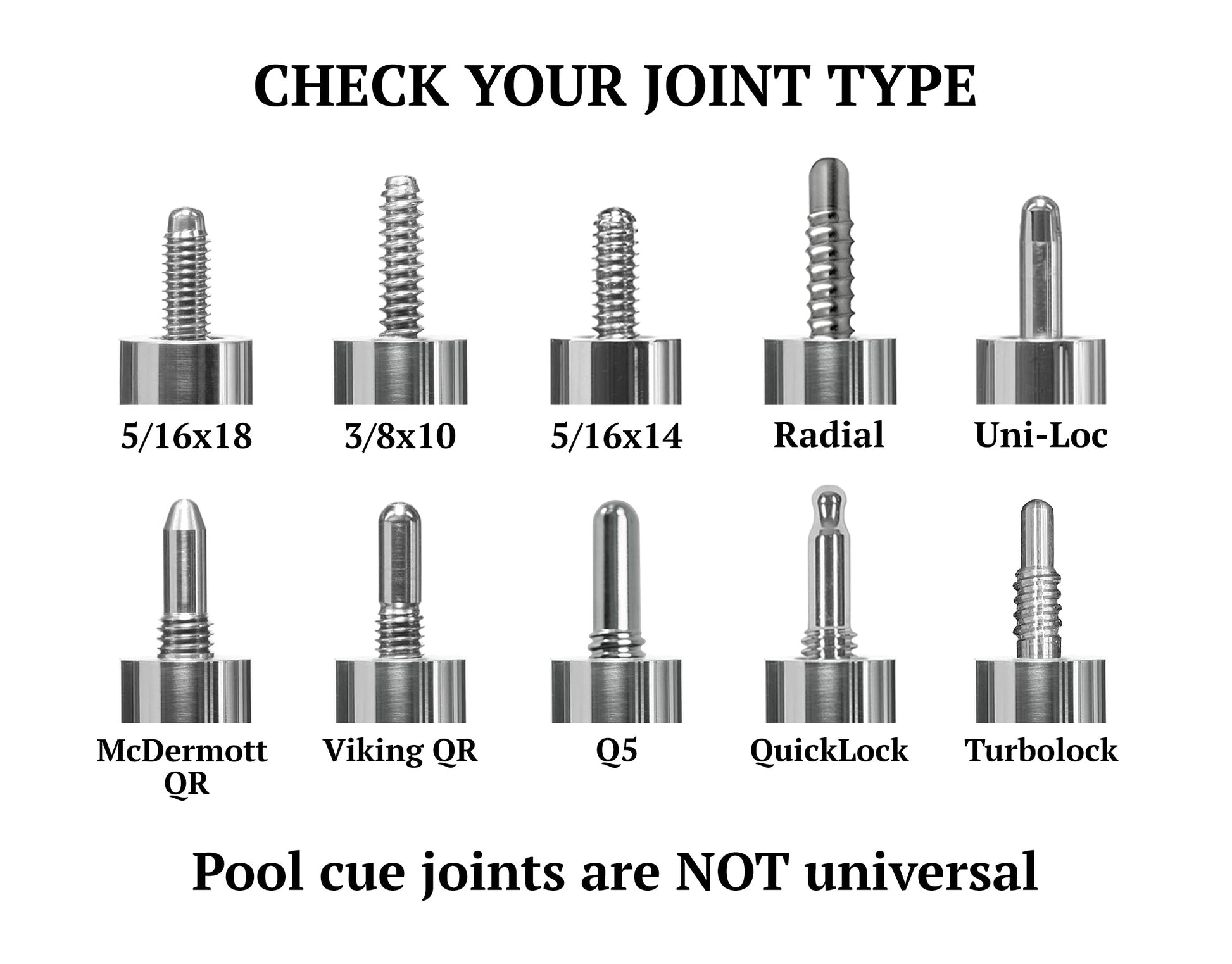 Text graphic illustrating different pool cue joint types for identification.