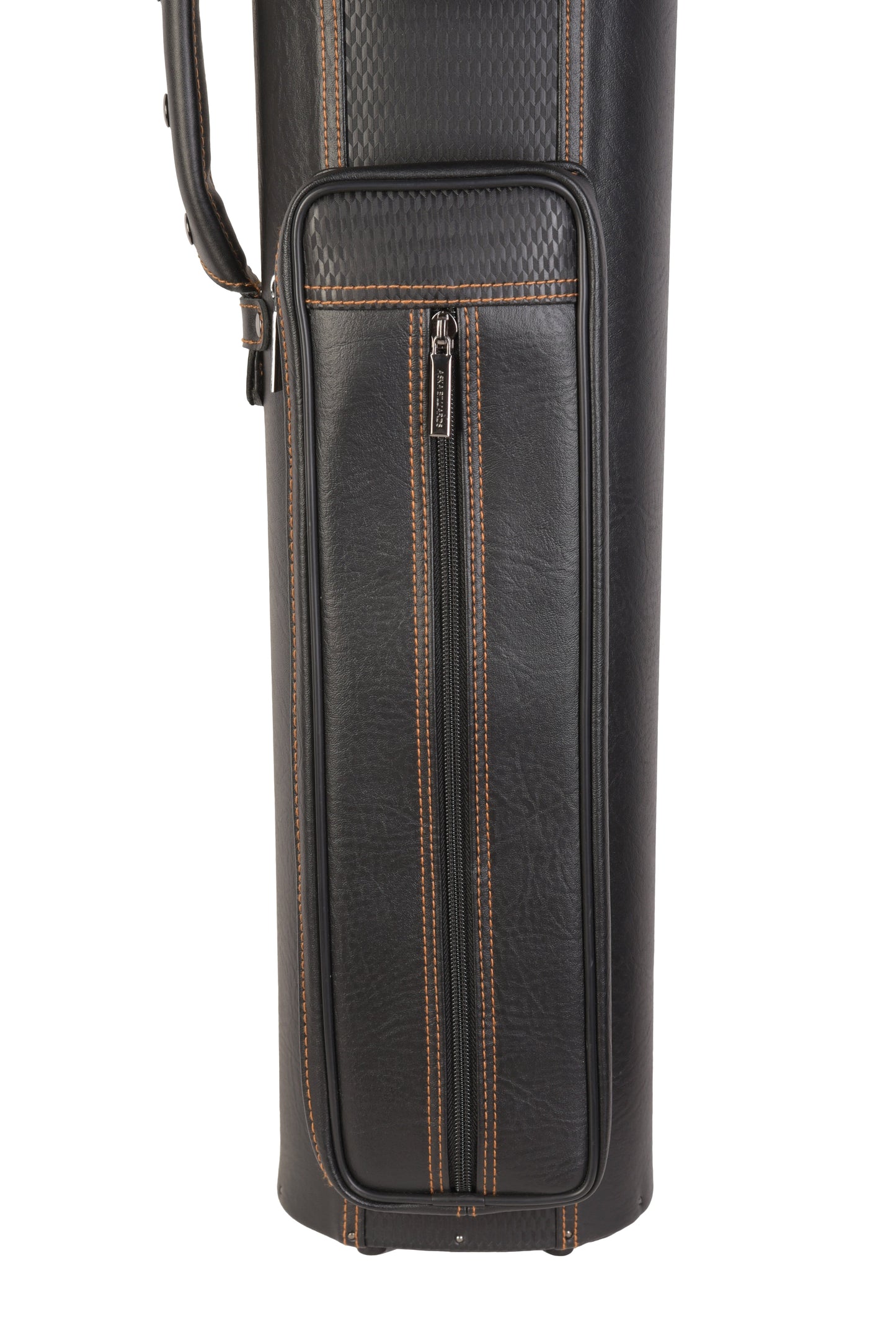 Angled view showing the long zippered pocket on the cue case.