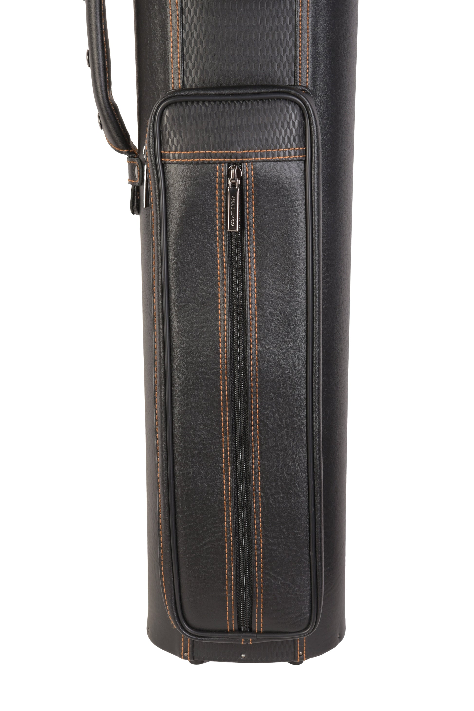 Angled view showing the long zippered pocket on the cue case.
