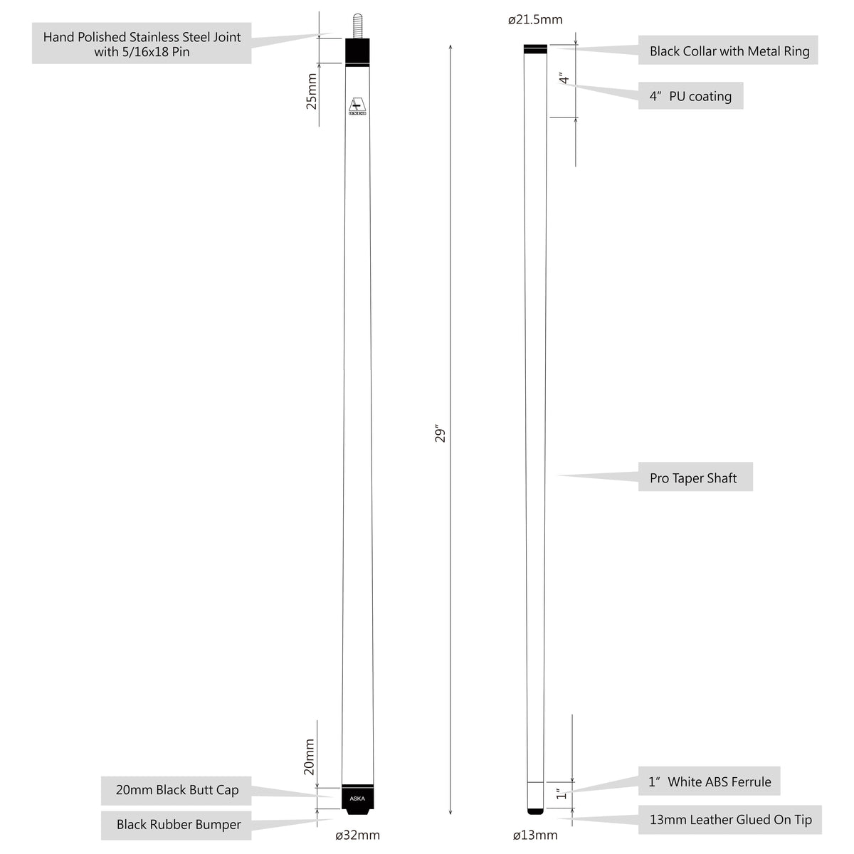 ASKA Billiards pool cue product information graphic