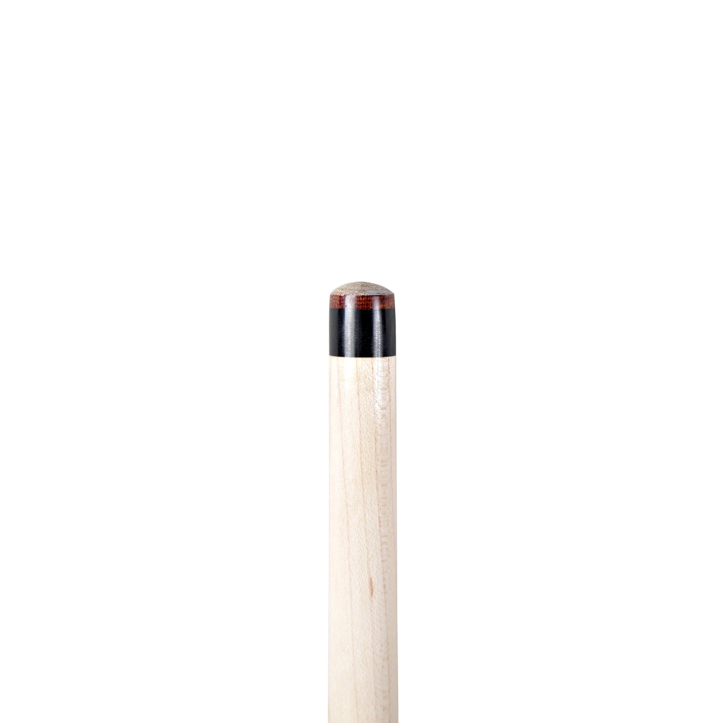 Overhead view of the brown leather tip and black ferrule on a cue shaft.