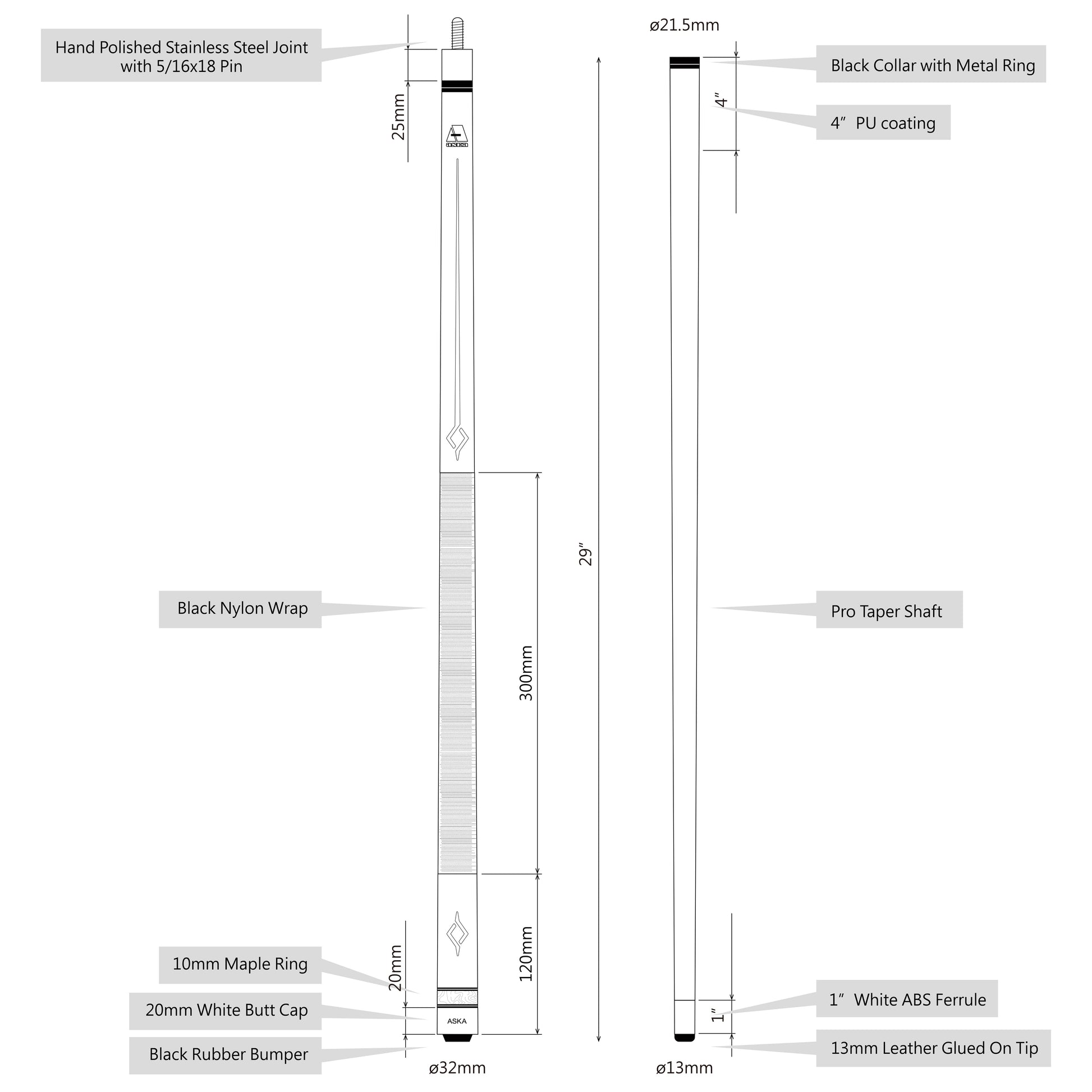 Diagram of a billiard cue showing dimensions and components.
