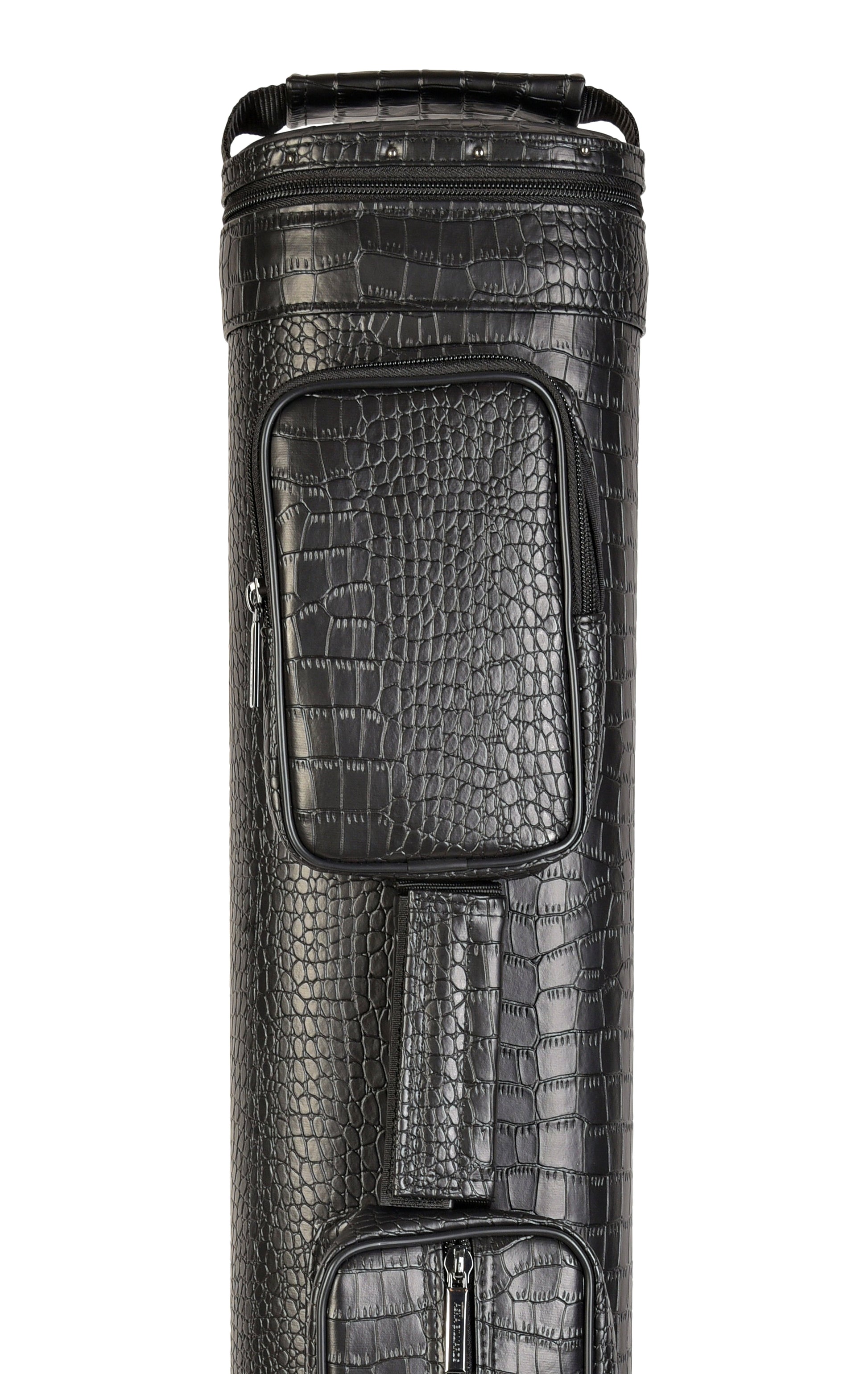 Top view of black pool cue case with zippered pockets