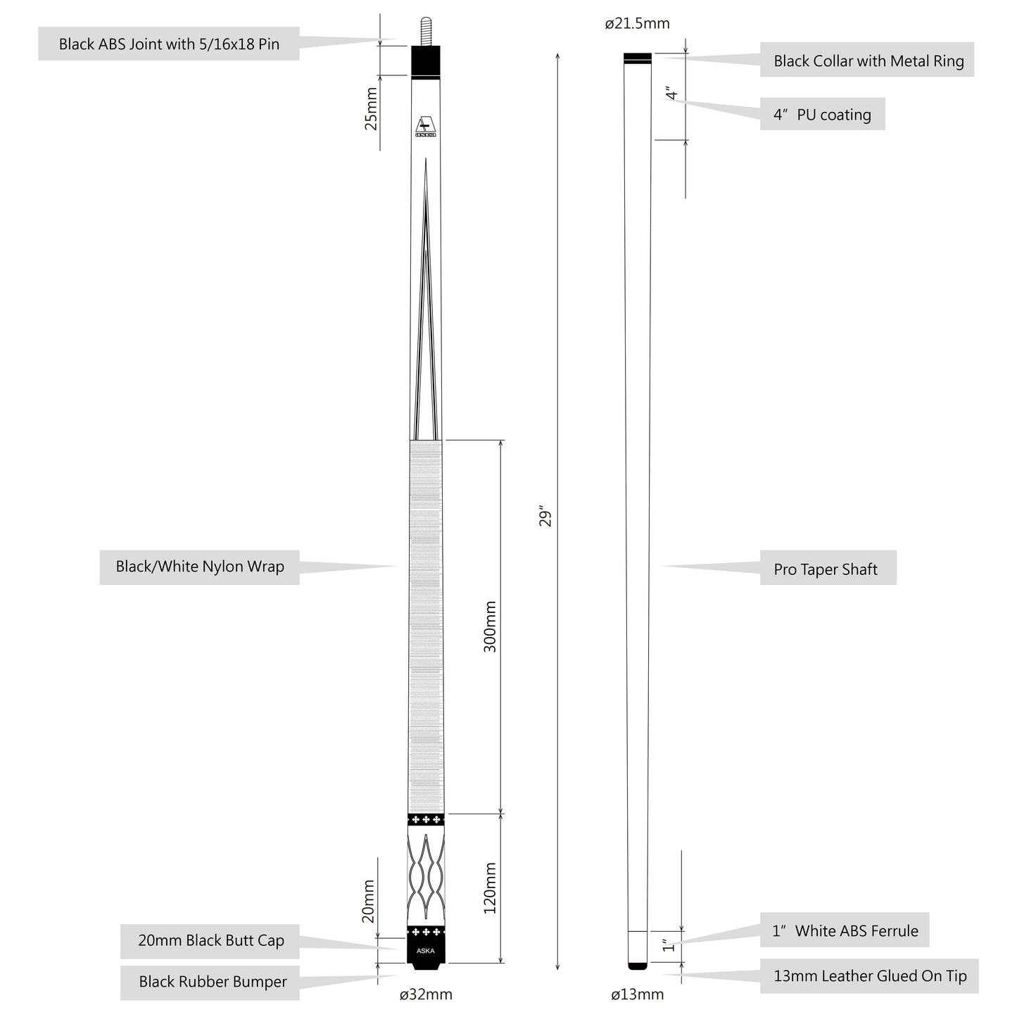 Diagram detailing L22 pool cue stick and shaft specifications.