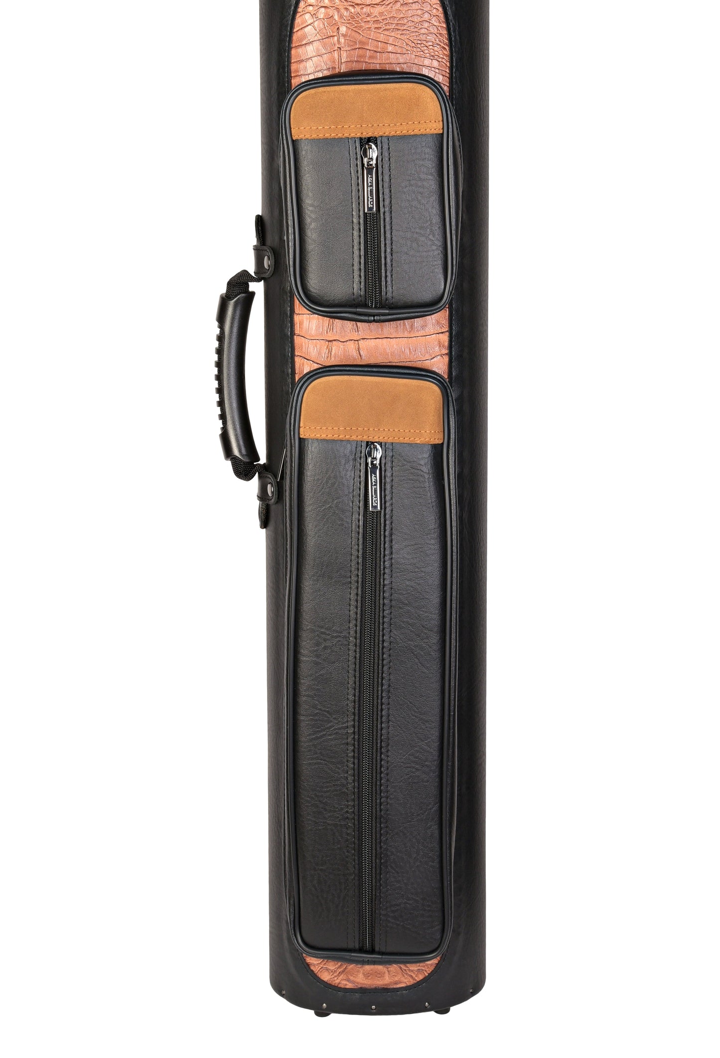 Angled view of the cue case highlighting the zippered pockets.
