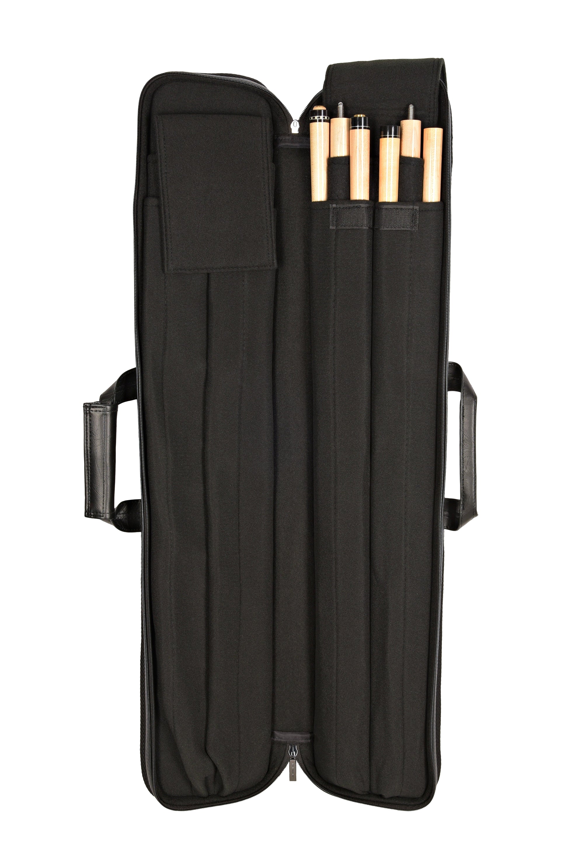 Open cue case with pool cue shafts stored inside compartment