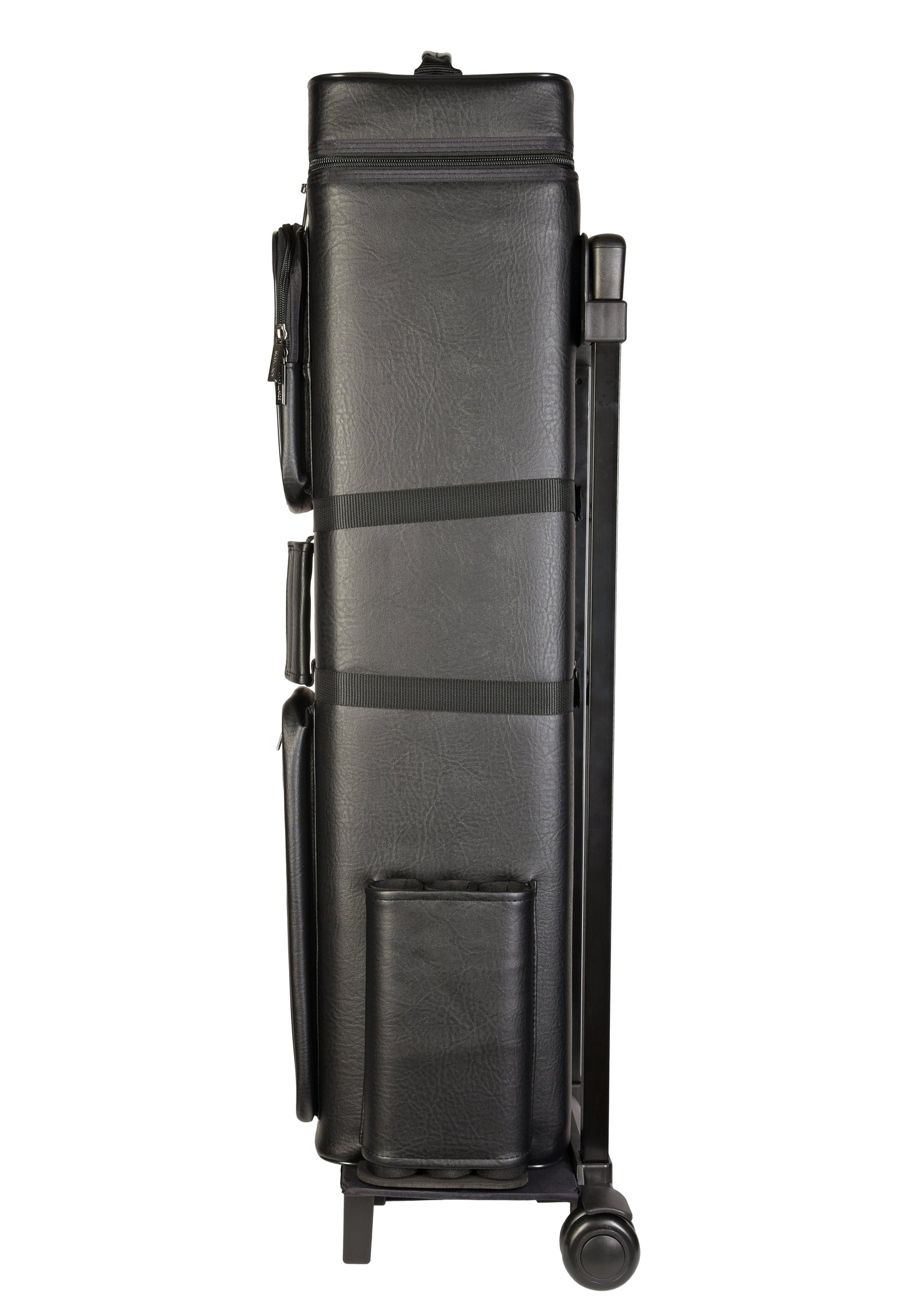Side profile of the black pool cue case showing its sleek design.