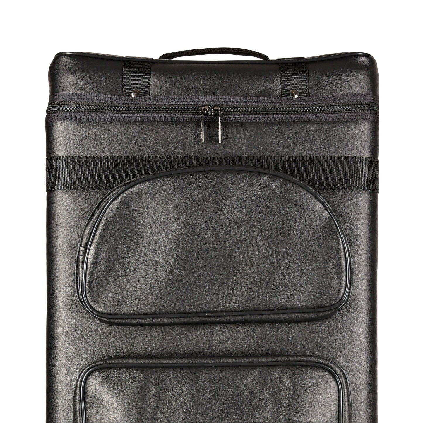 Top exterior view of cue case with zippered pockets.