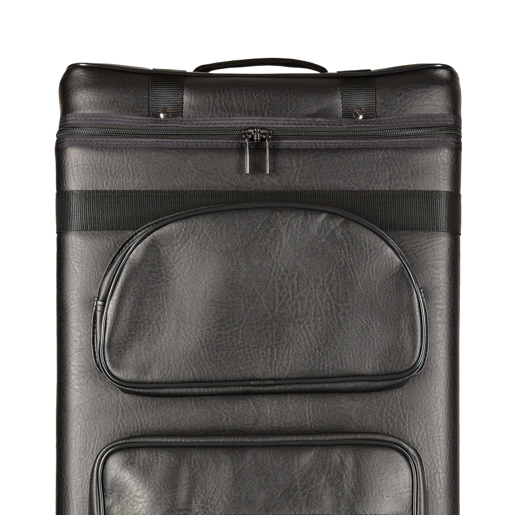 Top exterior view of cue case with zippered pockets.