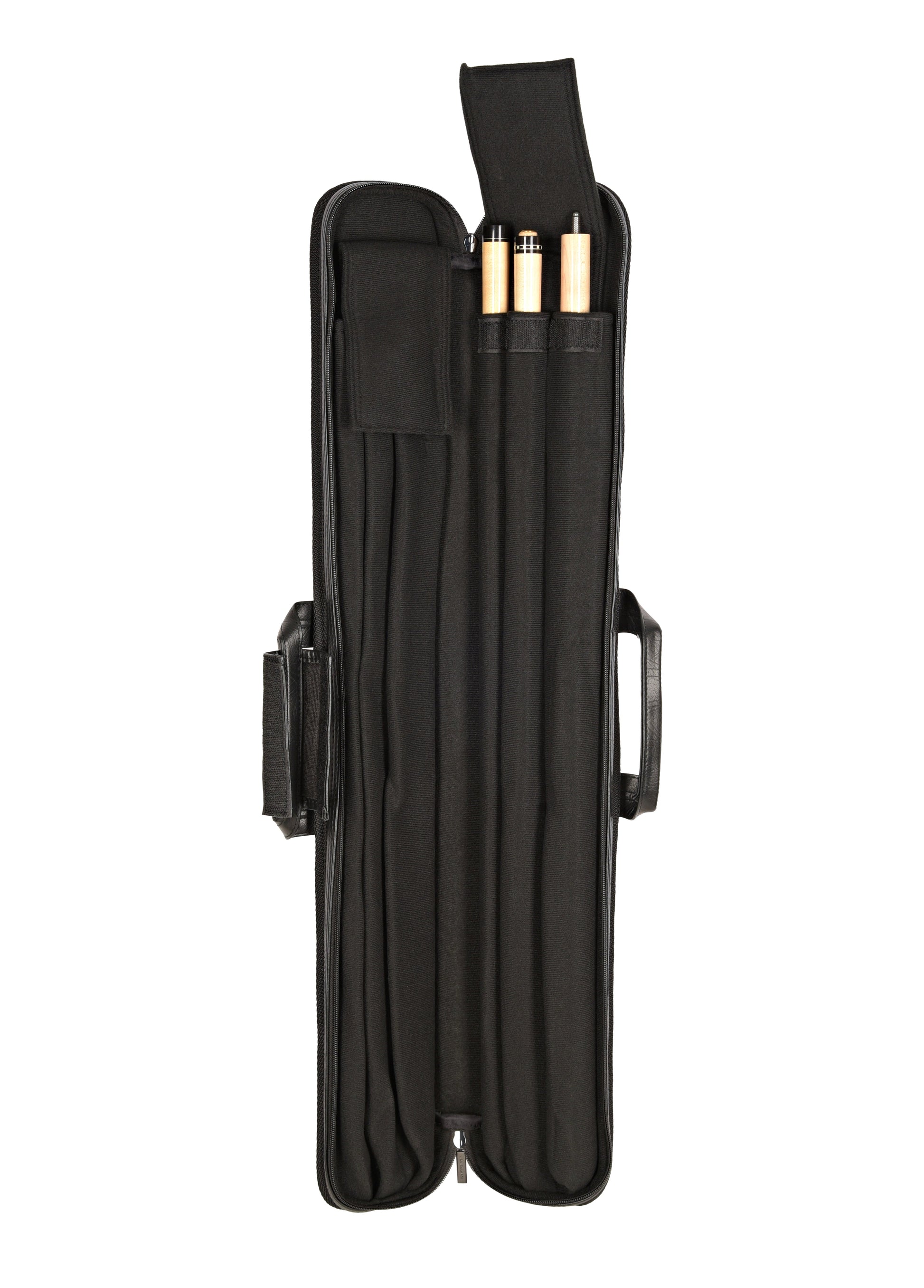 Black cue case with two pool cues inserted