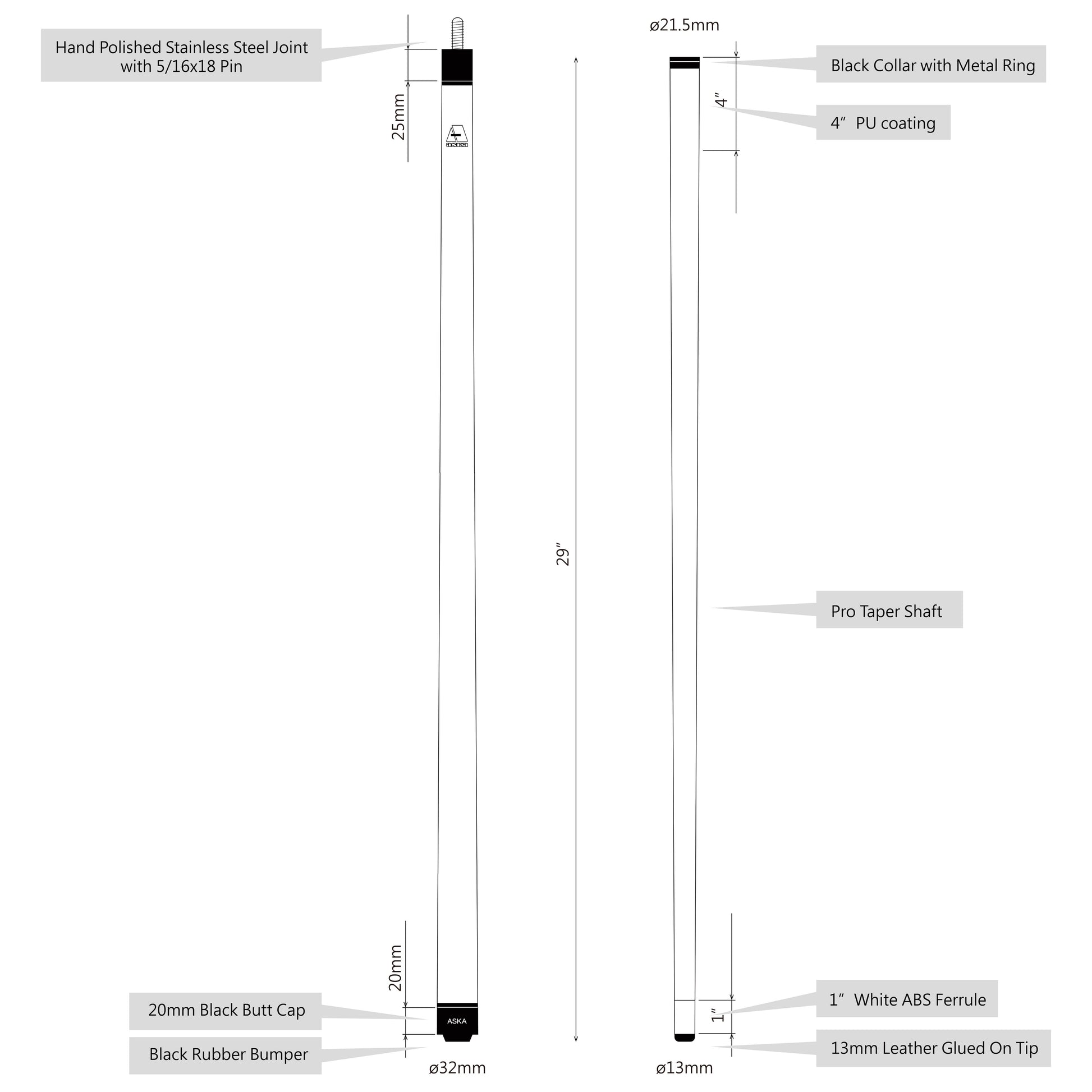 ASKA Billiards pool cue product information graphic