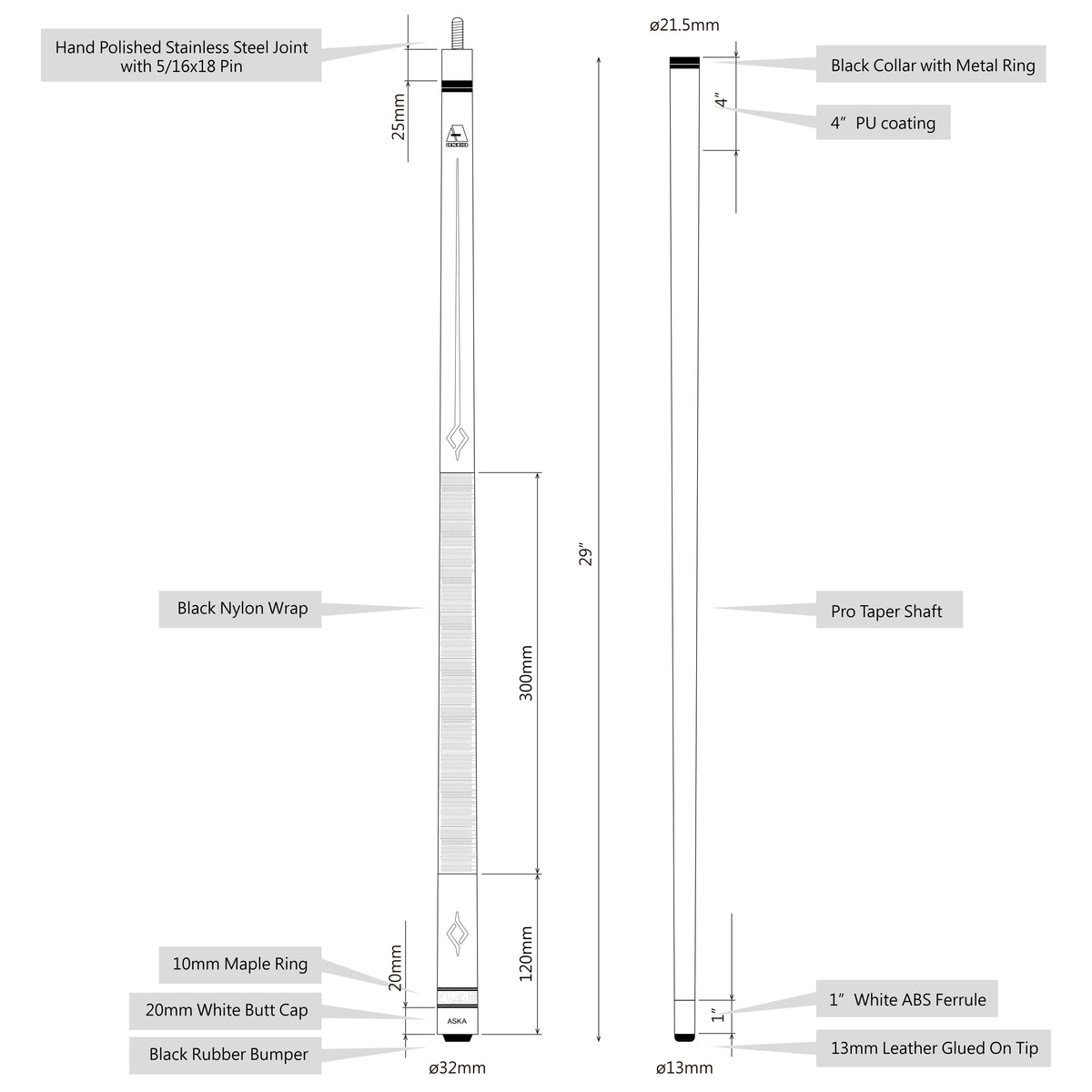 Diagram of a billiard cue showing dimensions and components.