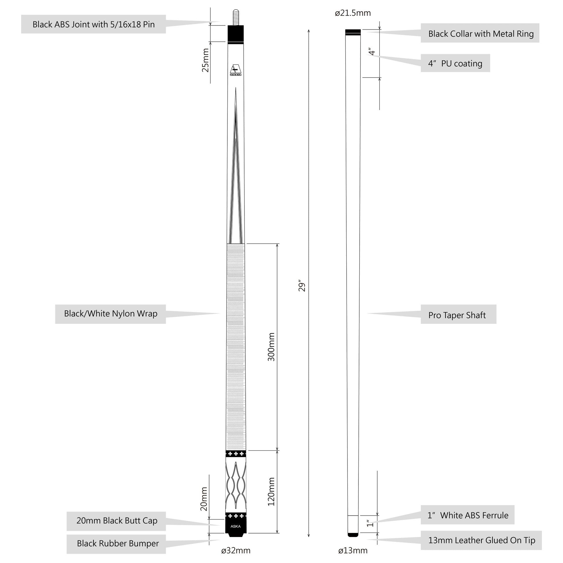 Diagram detailing L22 pool cue stick and shaft specifications.