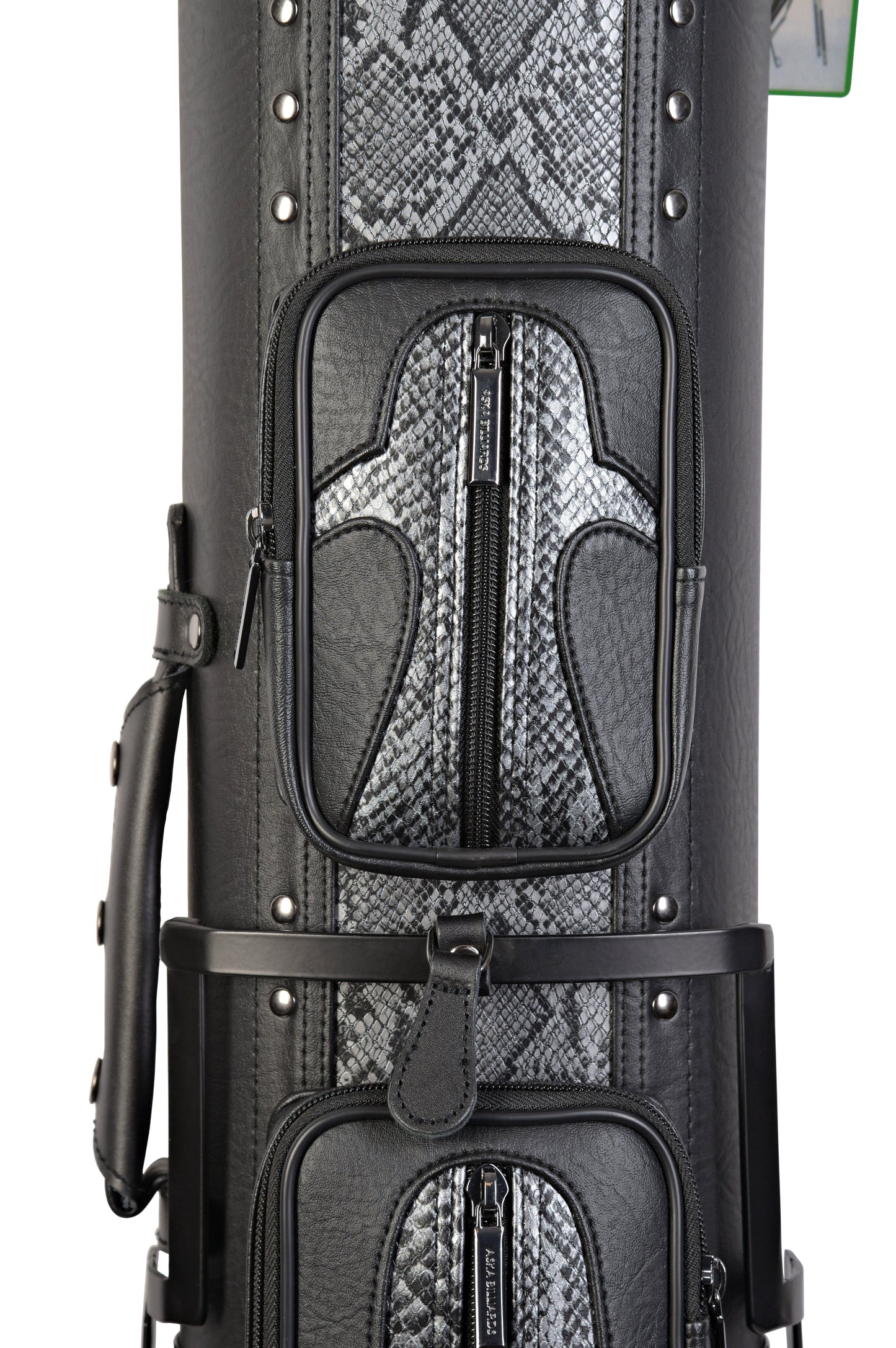 Detailed view of the zippered pockets on the black cue case