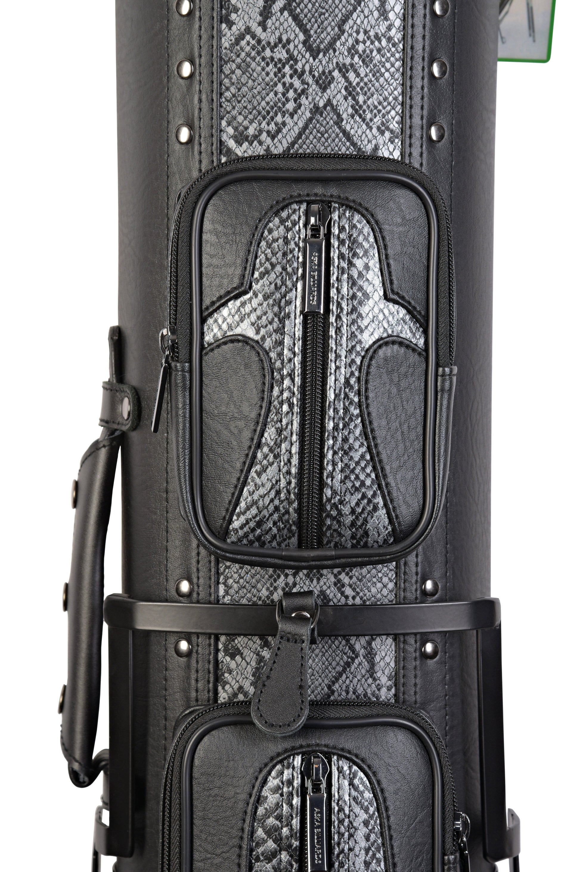 Detailed view of the zippered pockets on the black cue case