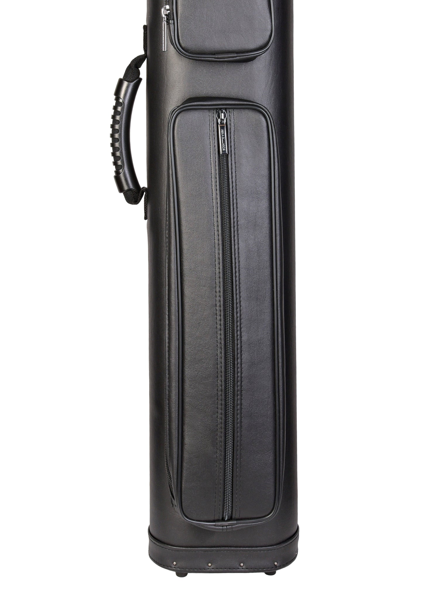 Detail of the black cue case's lower section with zippered pocket and base.