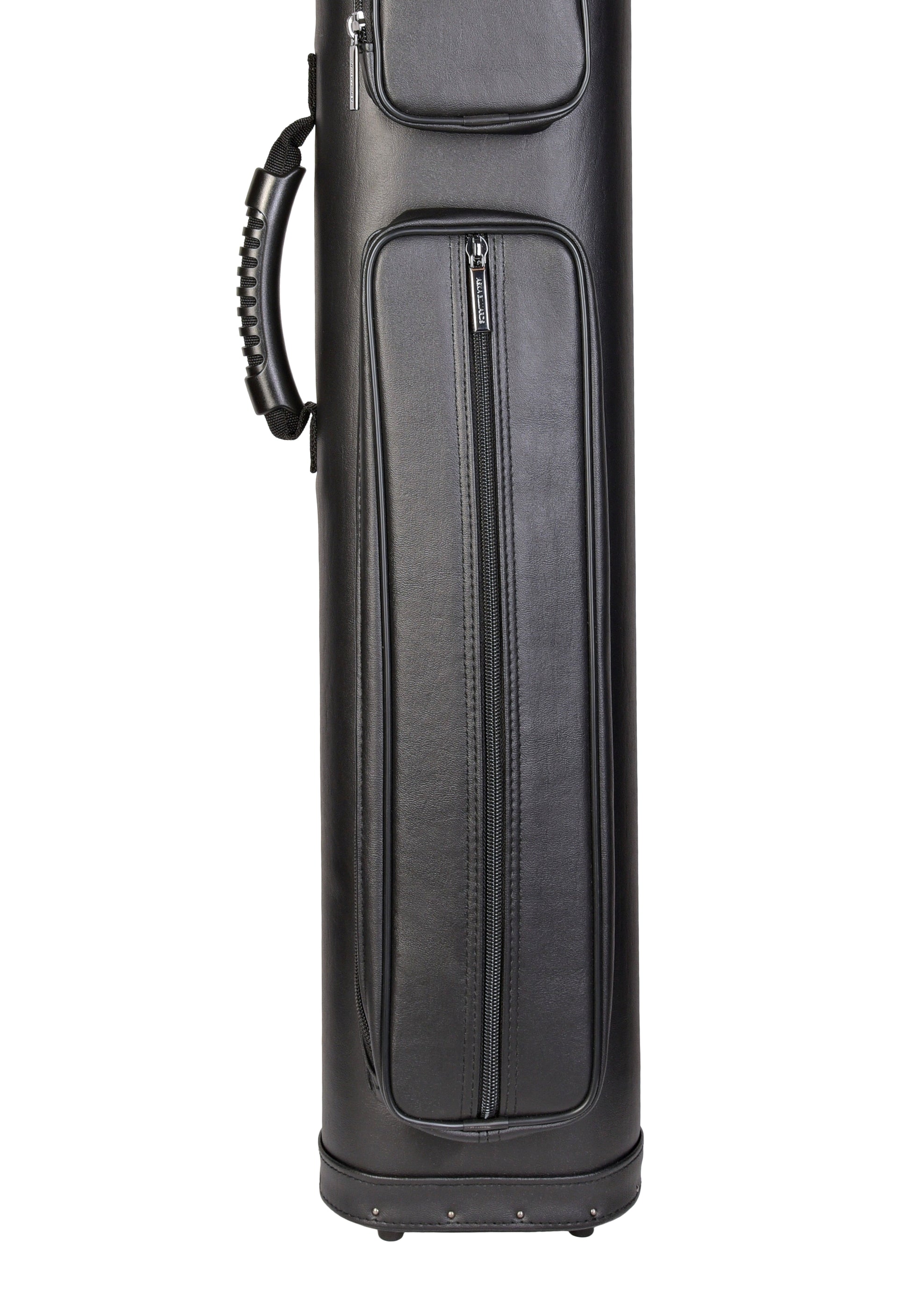 Detail of the black cue case's lower section with zippered pocket and base.