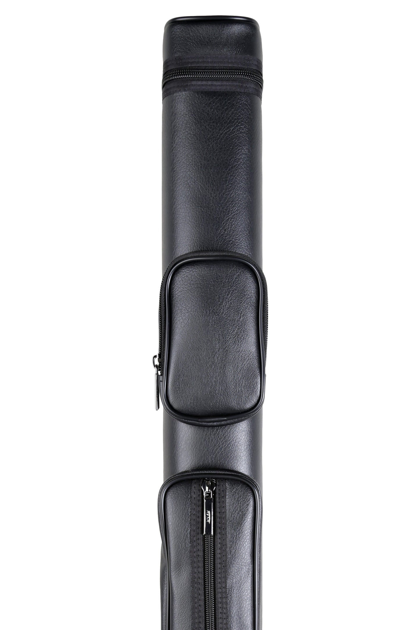 angled view of the billiard case with black finish and zippered pockets.