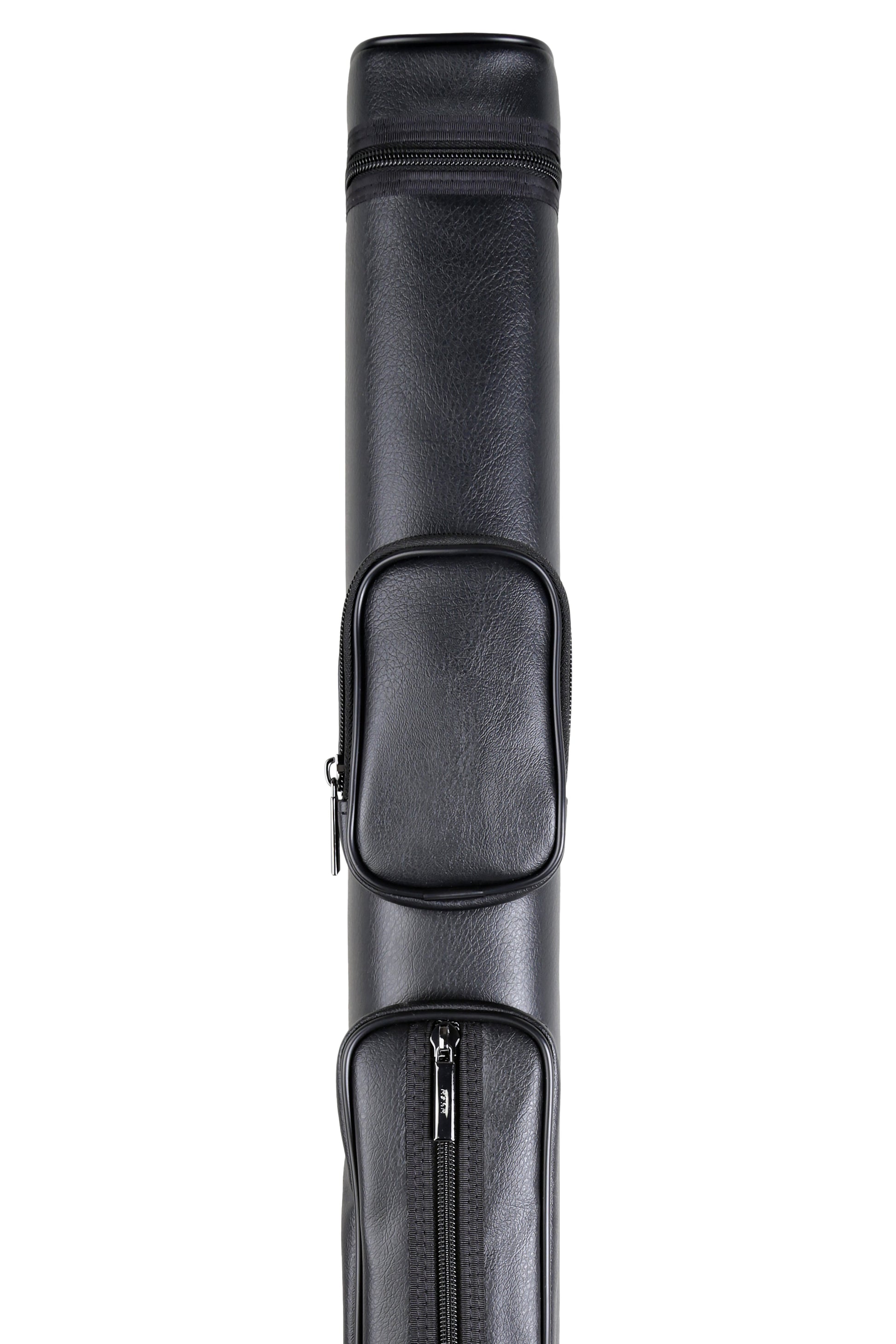 angled view of the billiard case with black finish and zippered pockets.