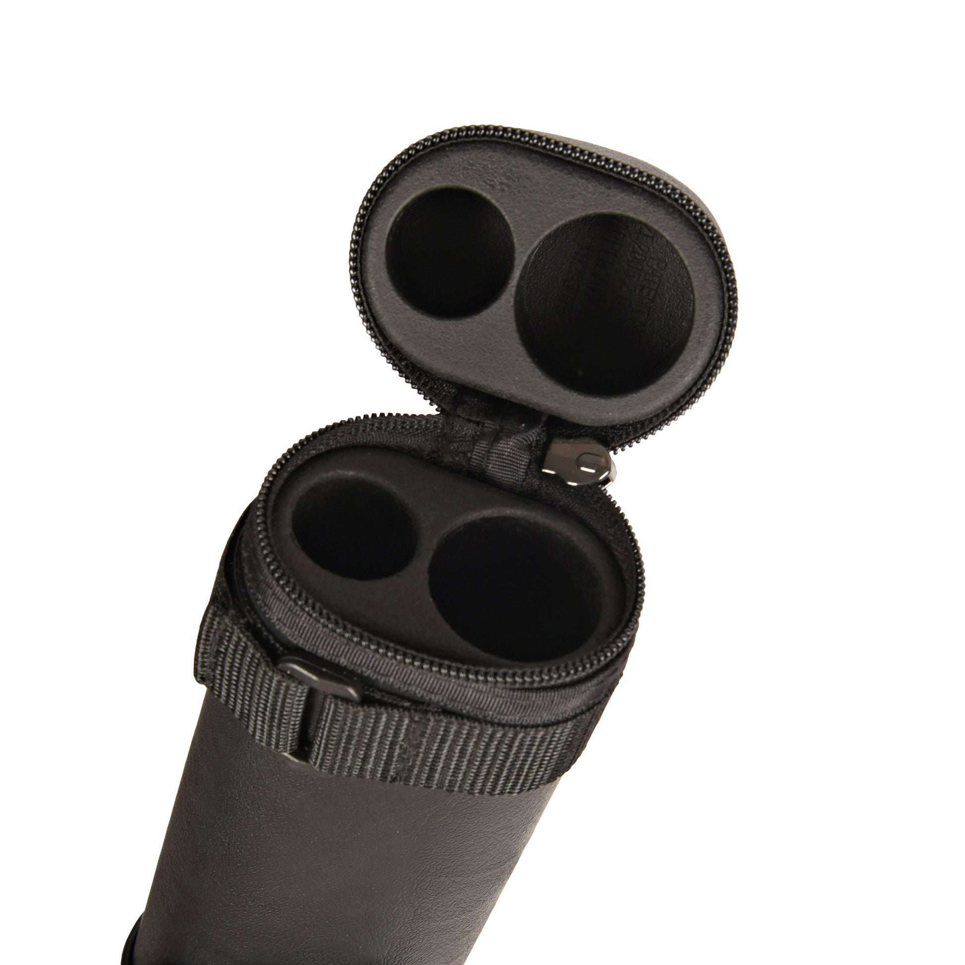 Overhead view of an interior billiard cue case interior compartments.