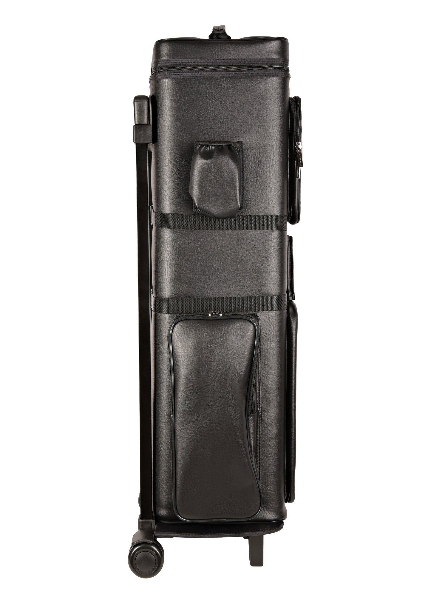 Angled view of cue case displaying exterior pockets and straps