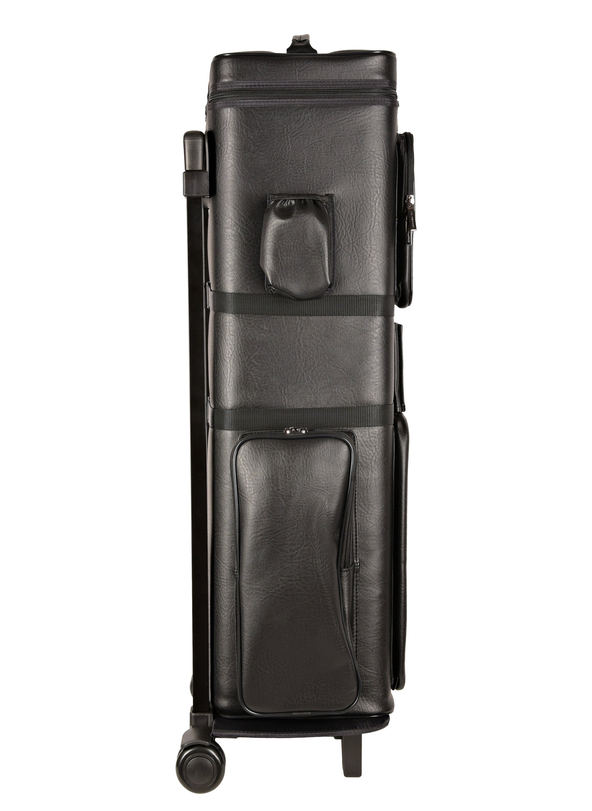 Angled view of cue case displaying exterior pockets and straps